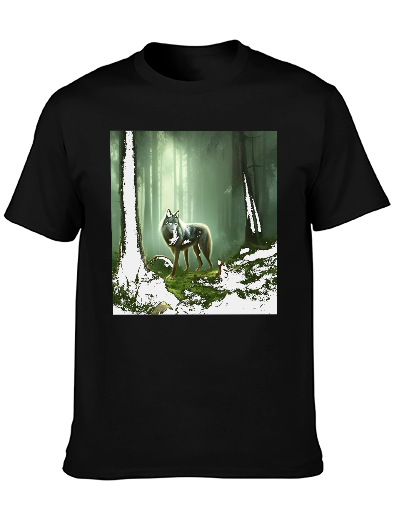 Wolf in Forest Graphic Print Black T-Shirt