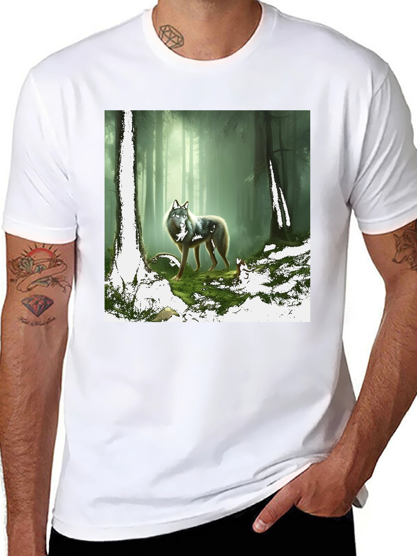 Wolf in Forest Graphic Print Black T-Shirt