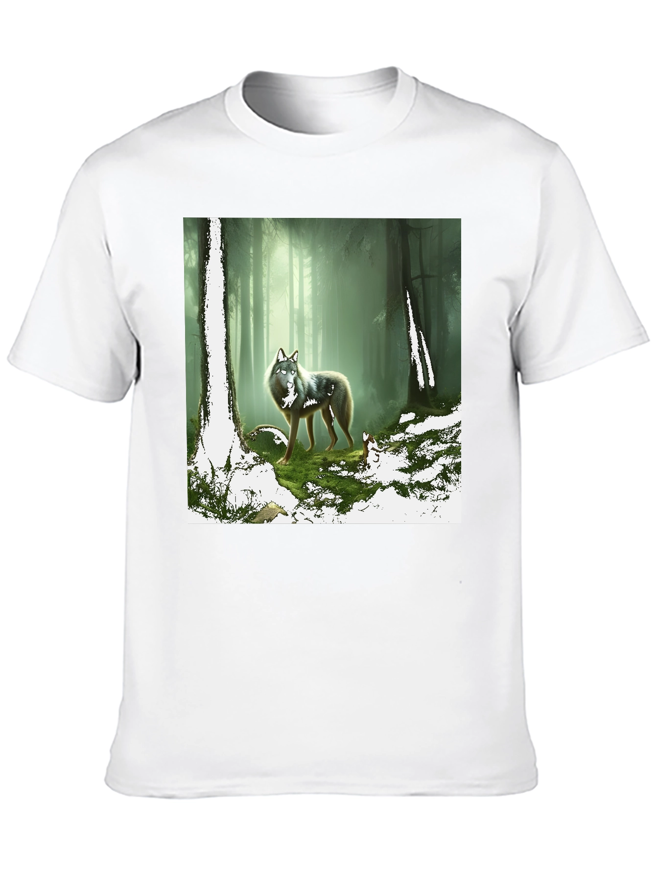 Wolf in Forest Graphic Print Black T-Shirt