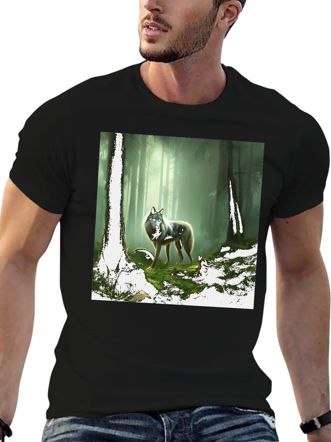 Wolf in Forest Graphic Print Black T-Shirt
