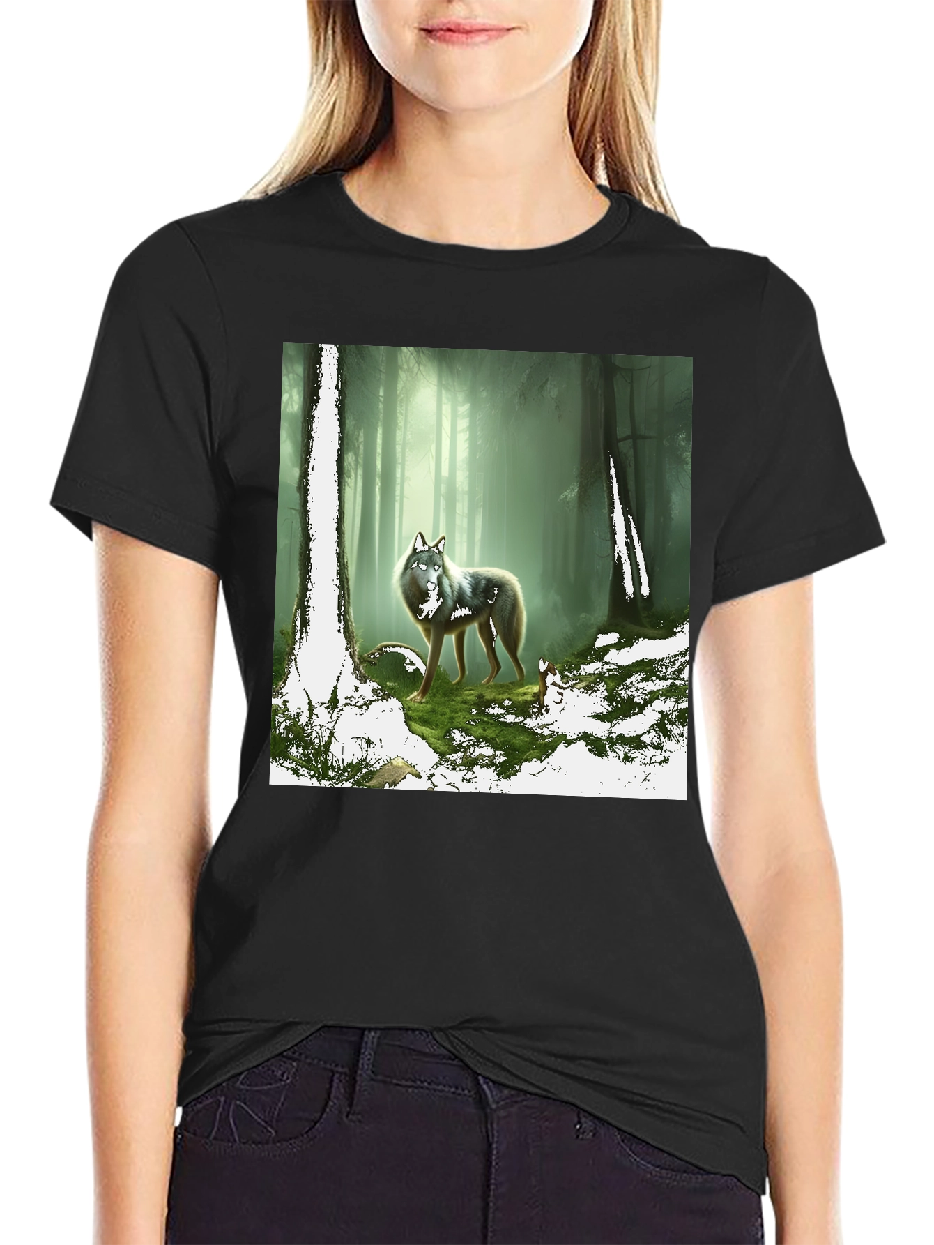 Wolf in Forest Graphic Print Black T-Shirt