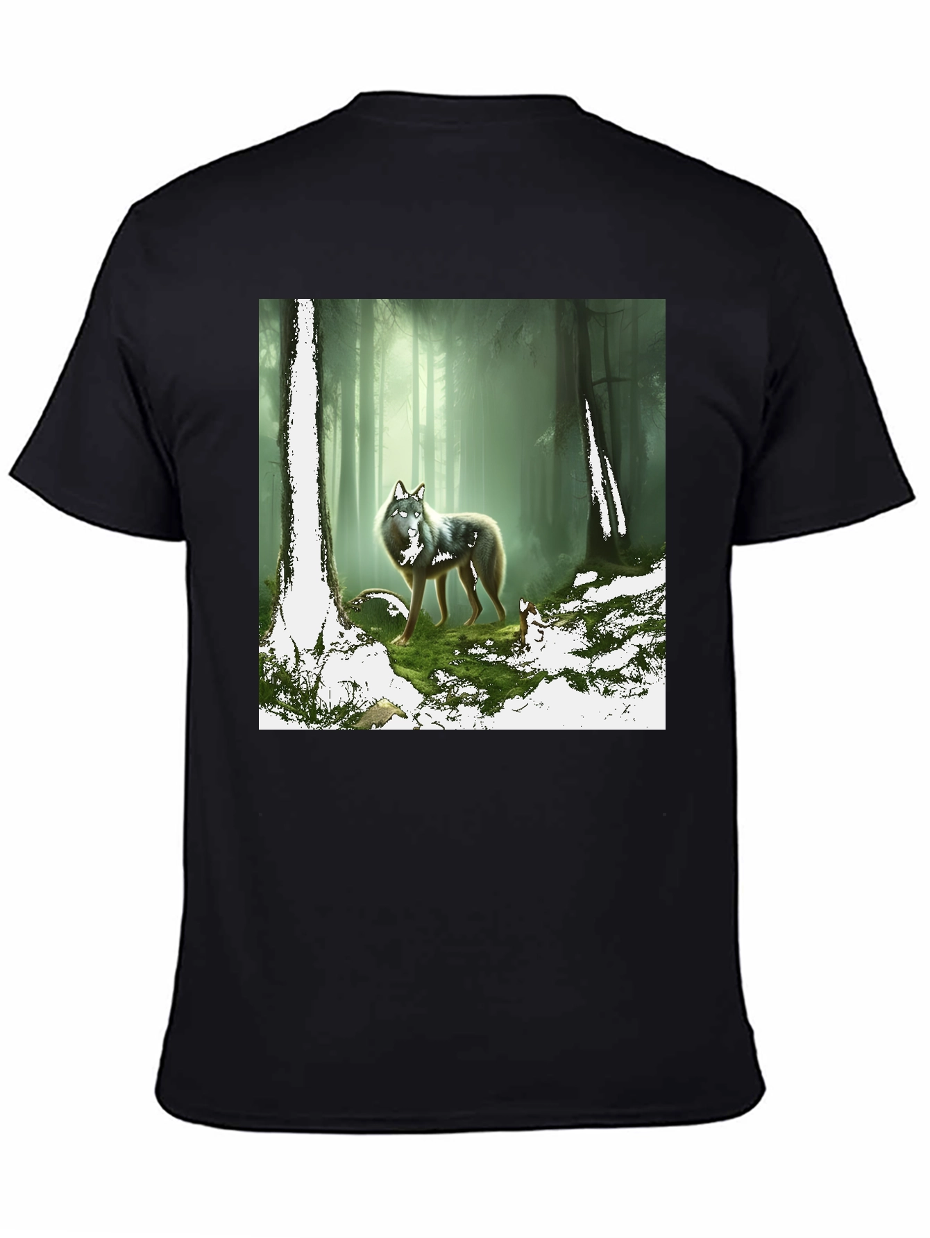 Wolf in Forest Graphic Print Black T-Shirt