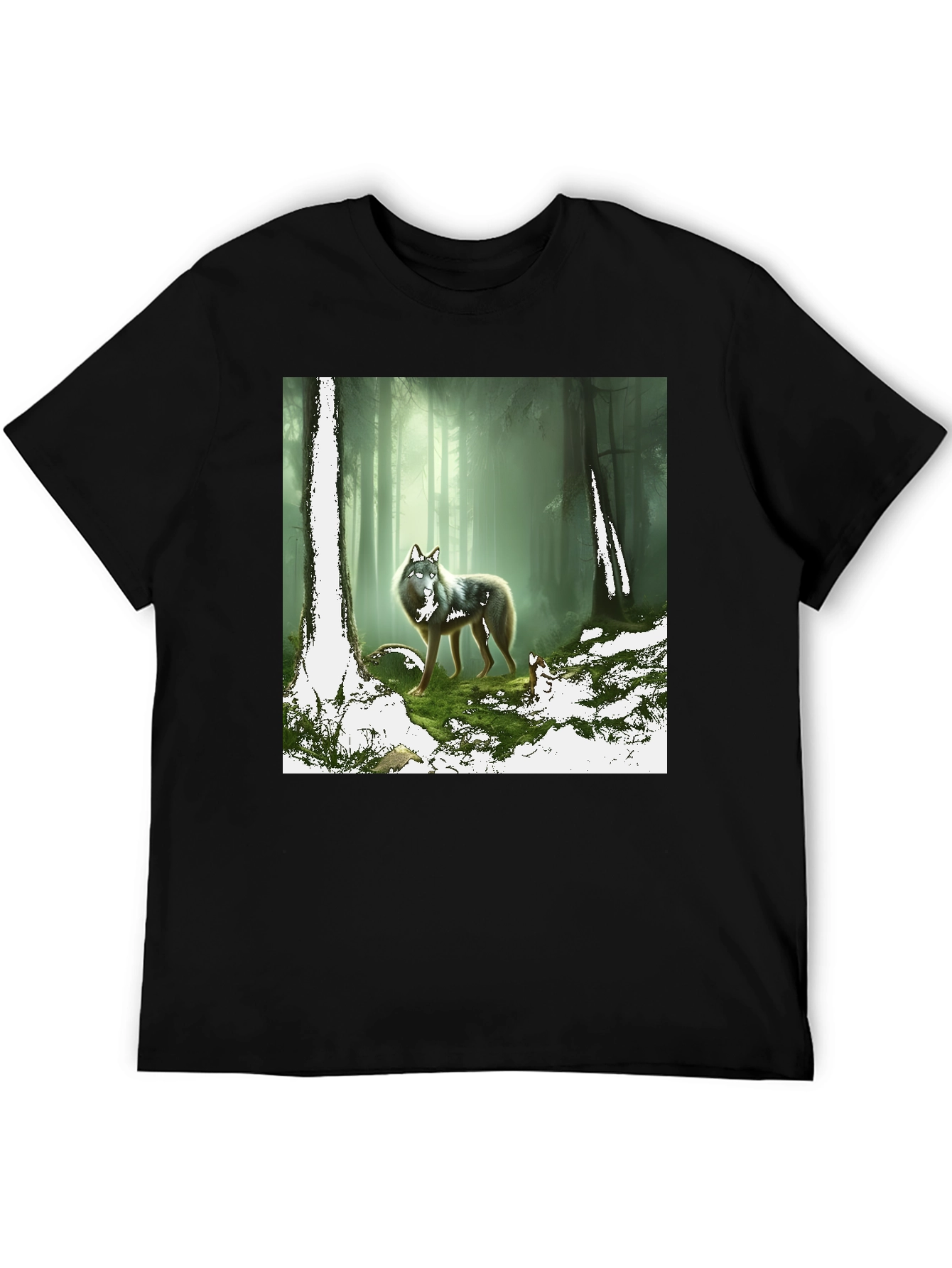 Wolf in Forest Graphic Print Black T-Shirt