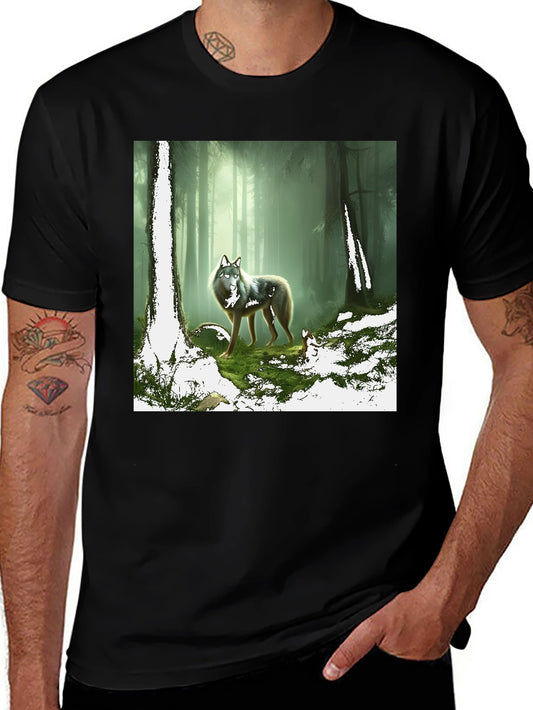 Wolf in Forest Graphic Print Black T-Shirt