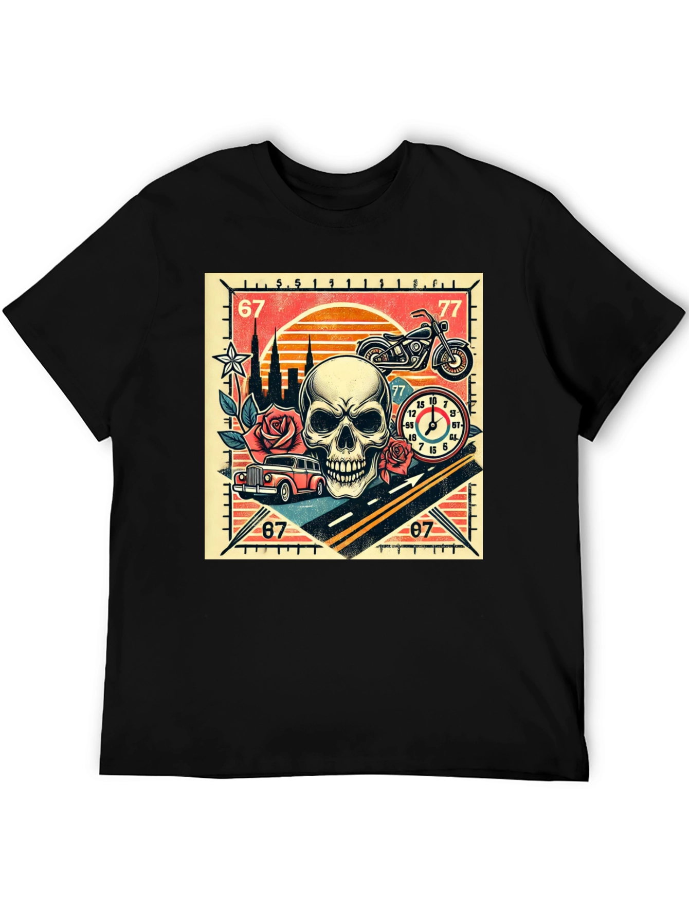 Skull Roses and Motorcycle Graphic T-Shirt