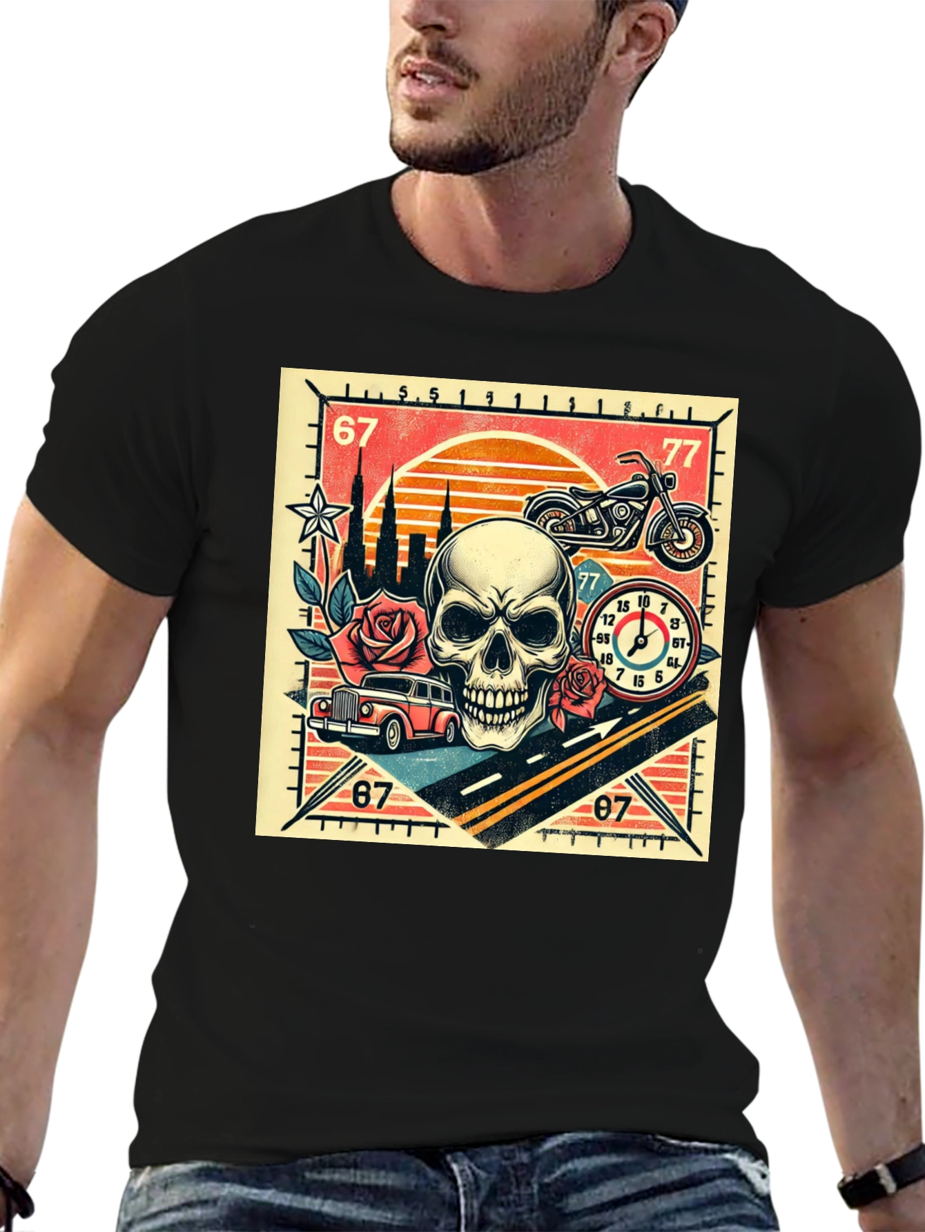 Skull Roses and Motorcycle Graphic T-Shirt