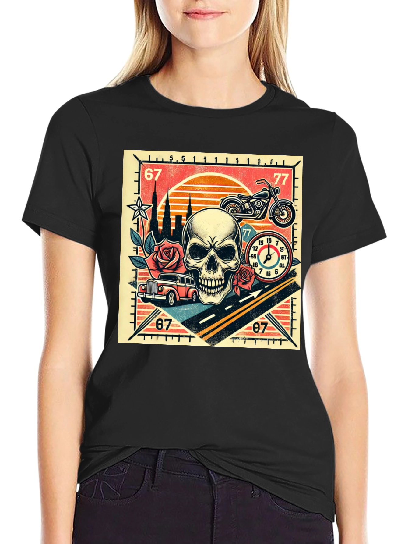 Skull Roses and Motorcycle Graphic T-Shirt