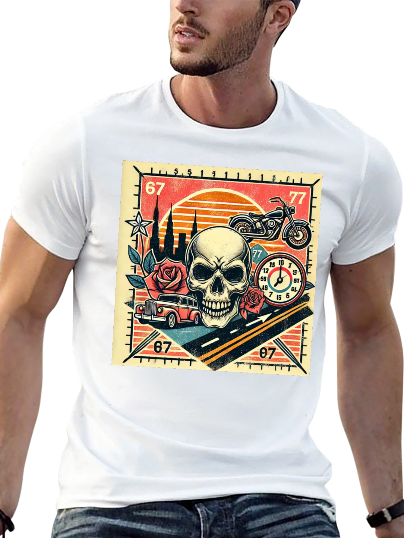 Skull Roses and Motorcycle Graphic T-Shirt