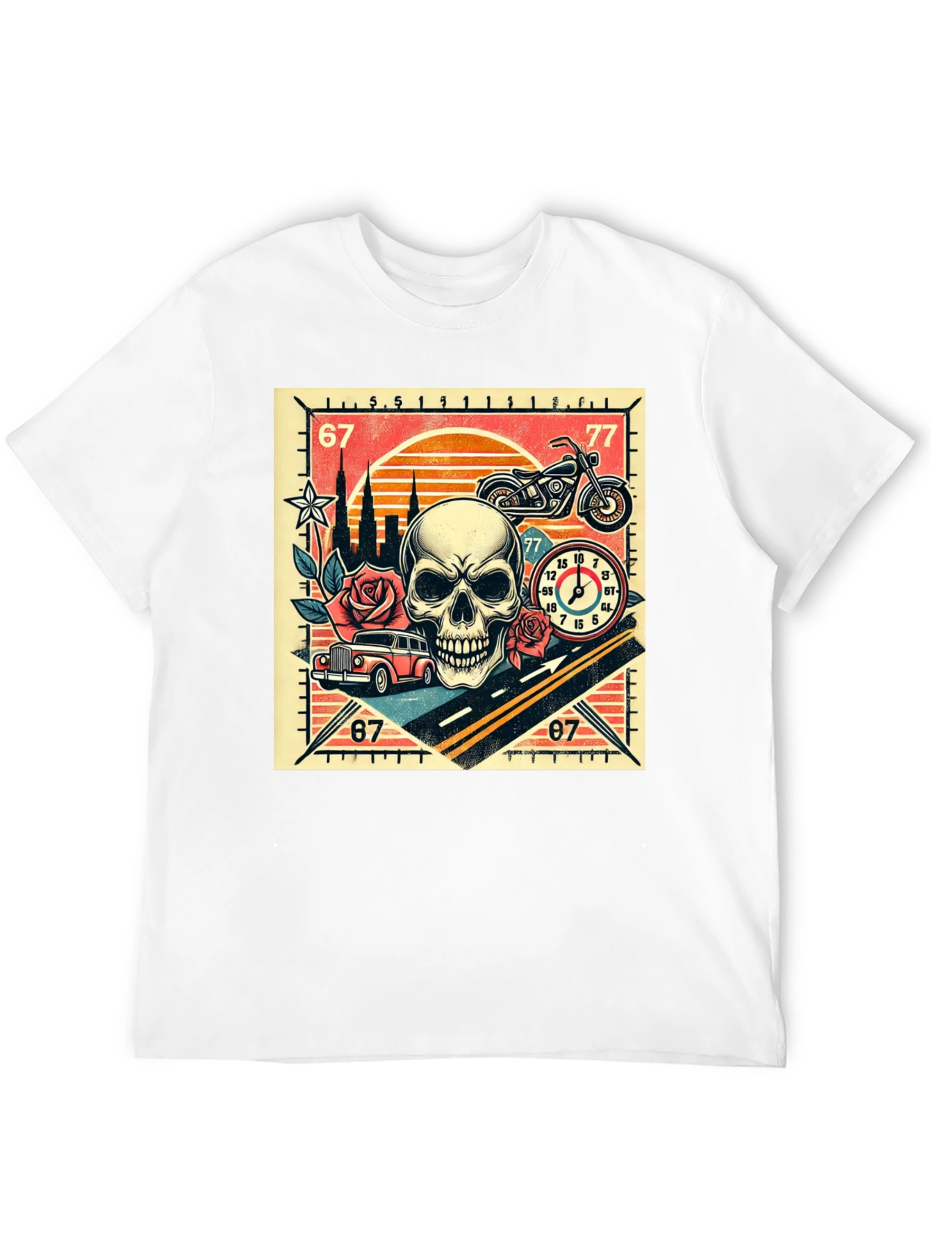 Skull Roses and Motorcycle Graphic T-Shirt