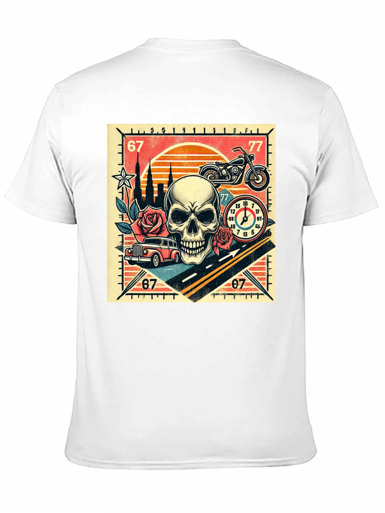 Skull Roses and Motorcycle Graphic T-Shirt