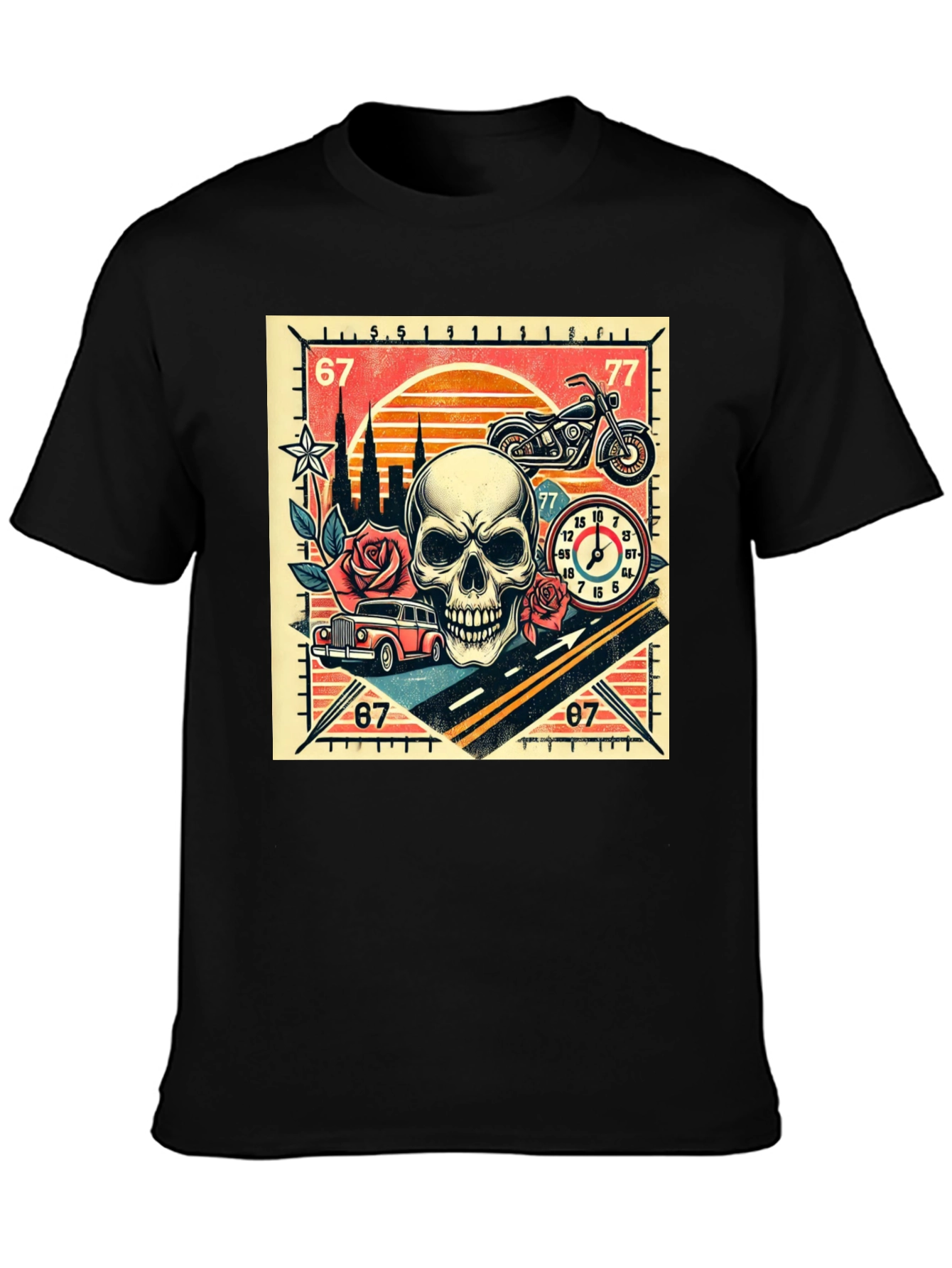 Skull Roses and Motorcycle Graphic T-Shirt