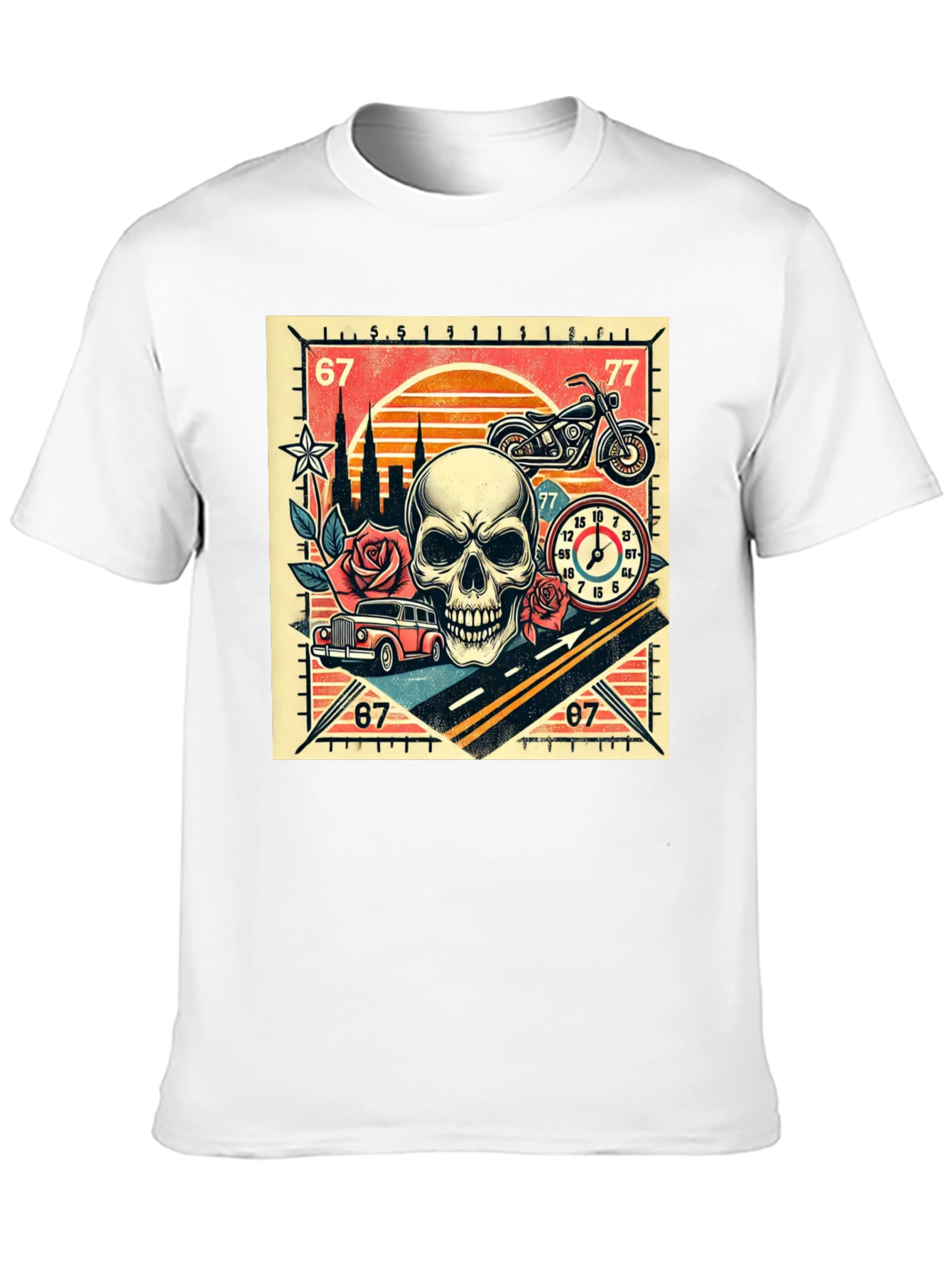 Skull Roses and Motorcycle Graphic T-Shirt