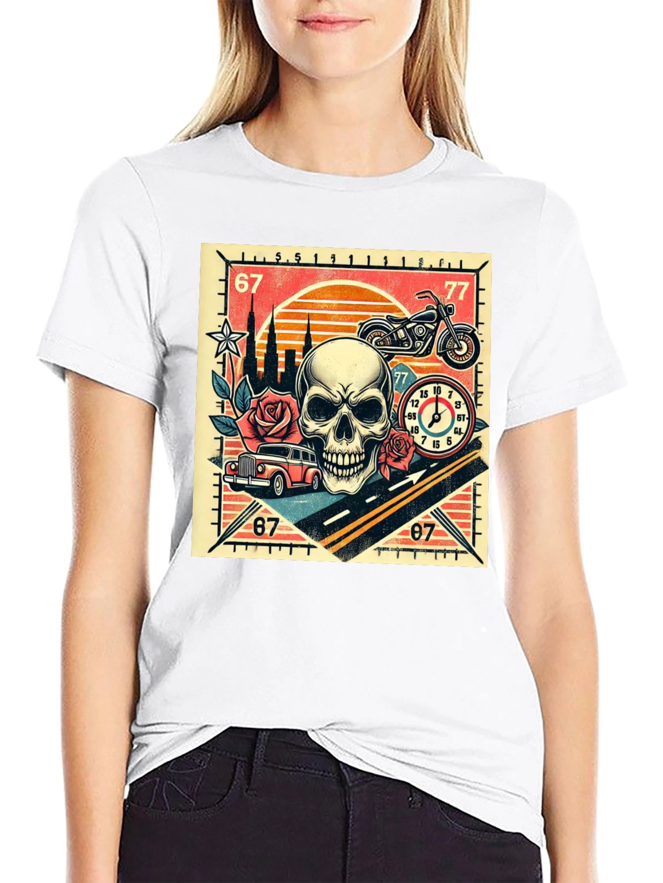 Skull Roses and Motorcycle Graphic T-Shirt