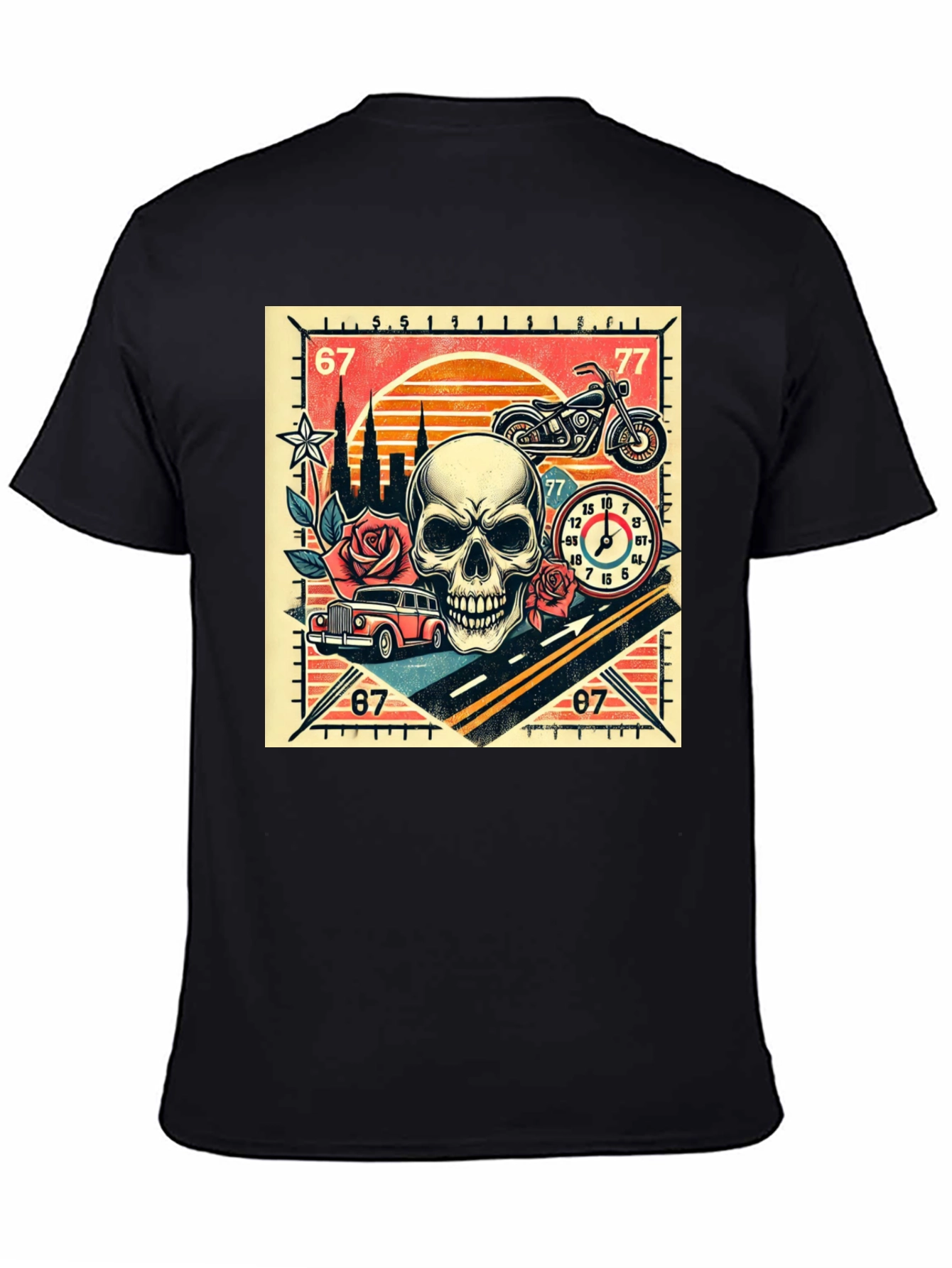 Skull Roses and Motorcycle Graphic T-Shirt