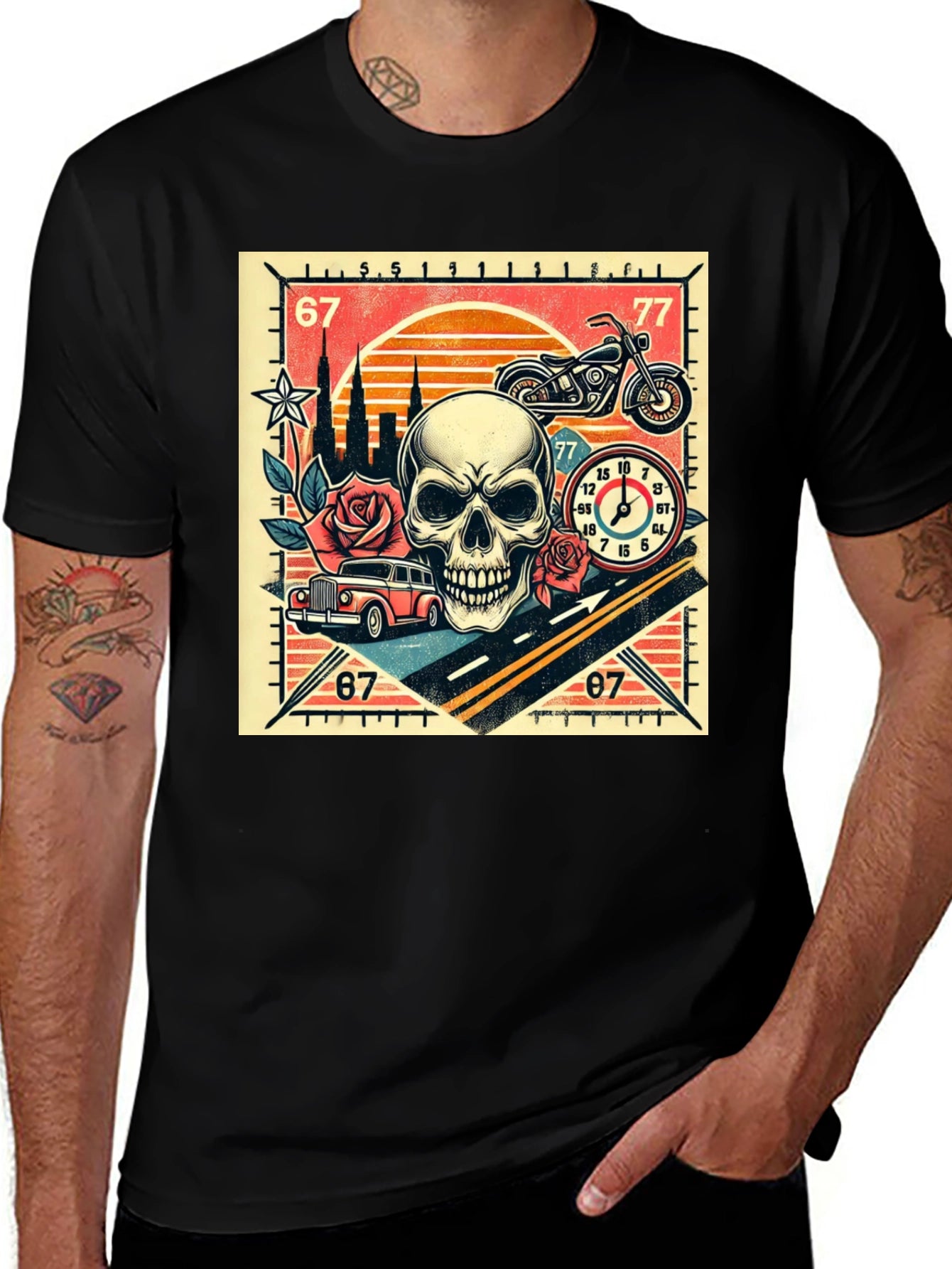 Skull Roses and Motorcycle Graphic T-Shirt