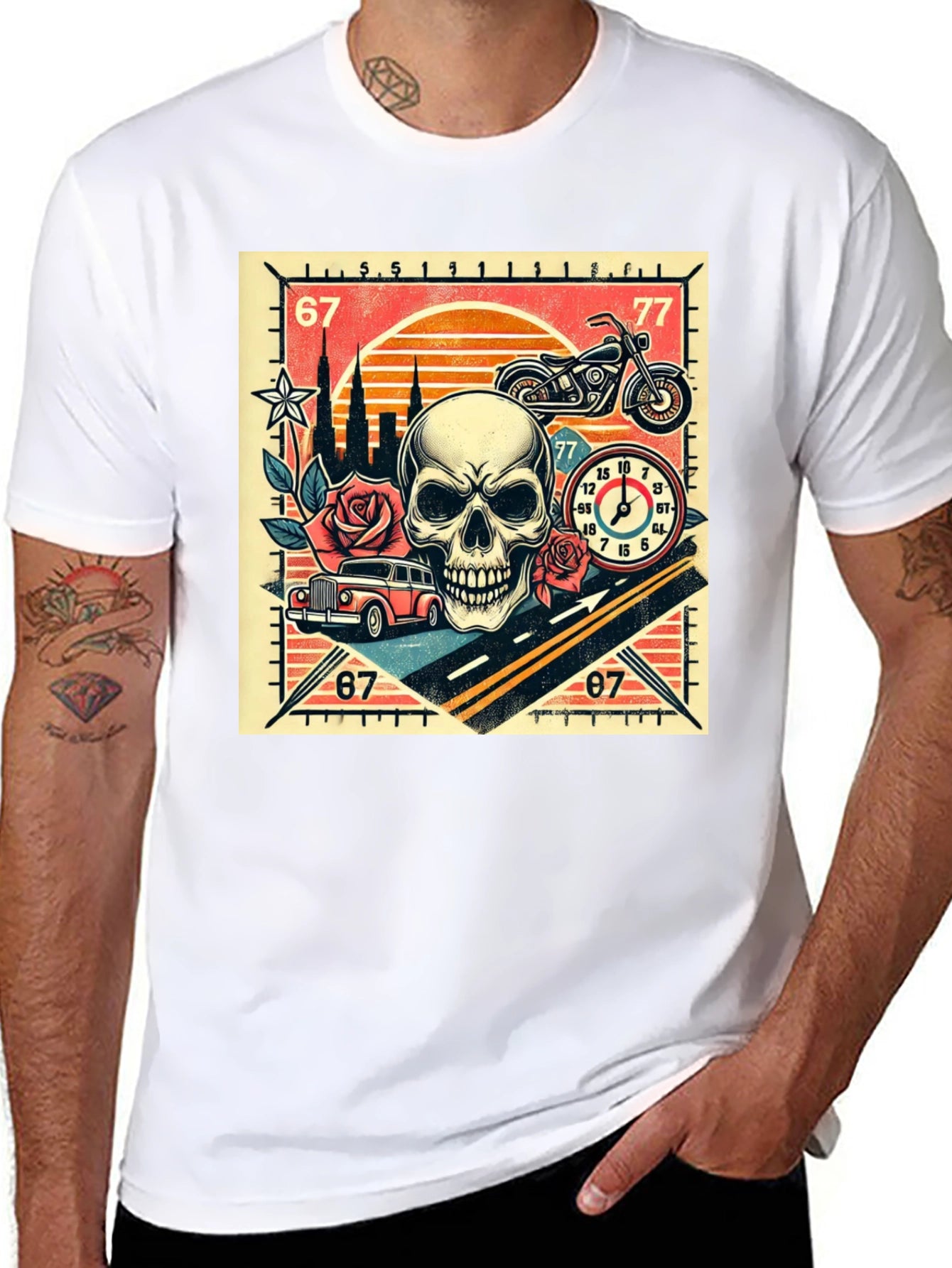 Skull Roses and Motorcycle Graphic T-Shirt