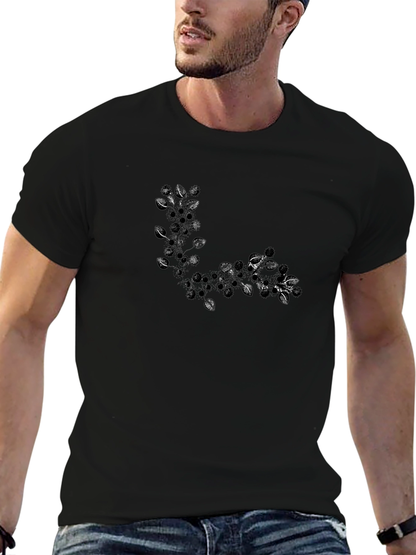 Black T-Shirt with Leafy Design