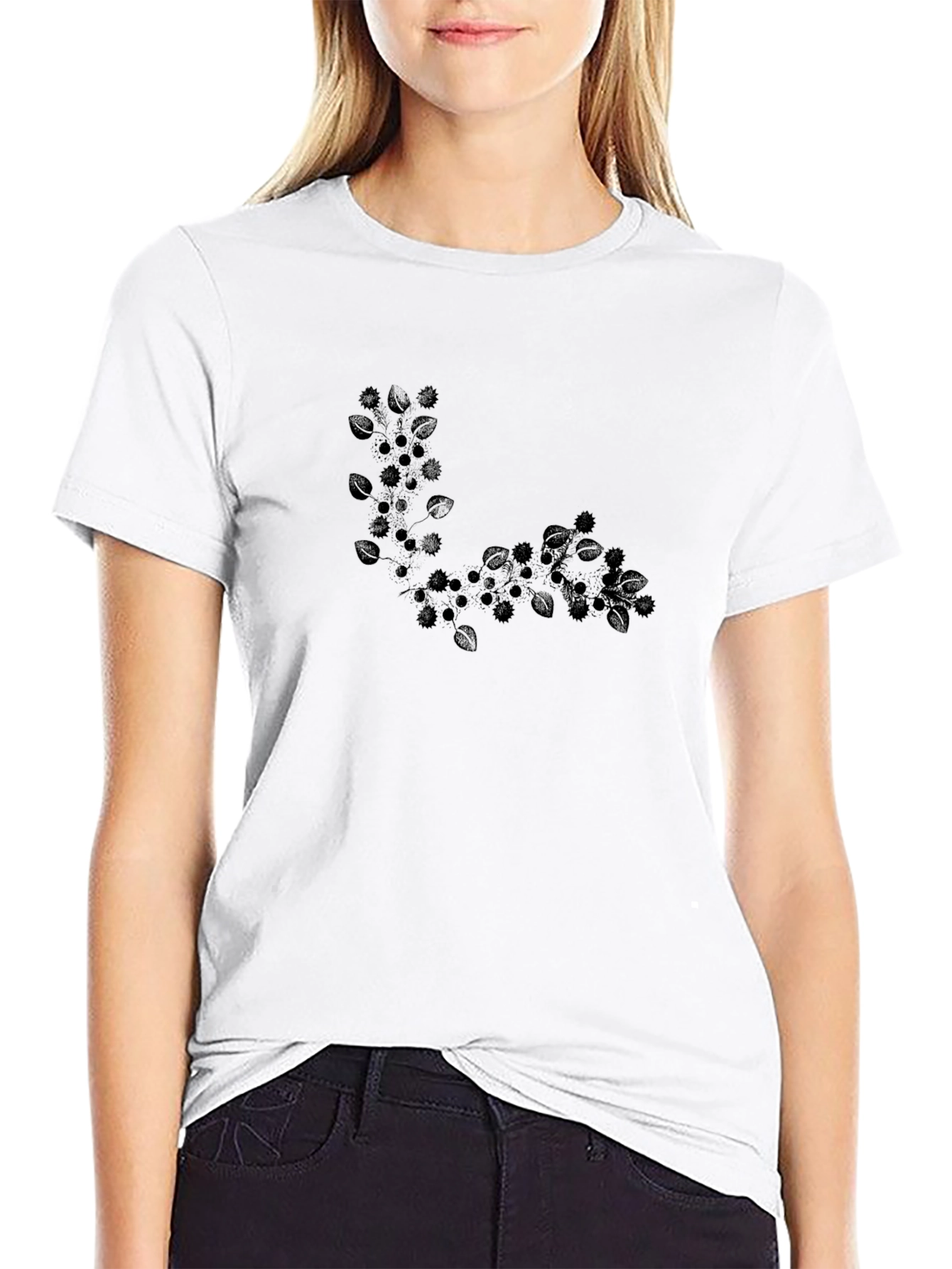 Black T-Shirt with Leafy Design