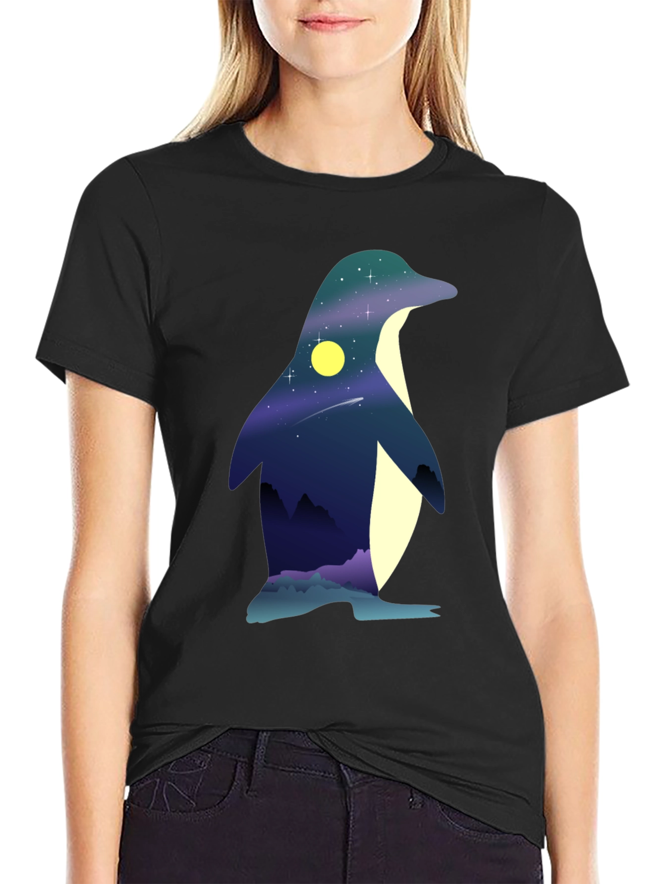 Night Sky Penguin Graphic Tee - Unique Mens T-Shirt