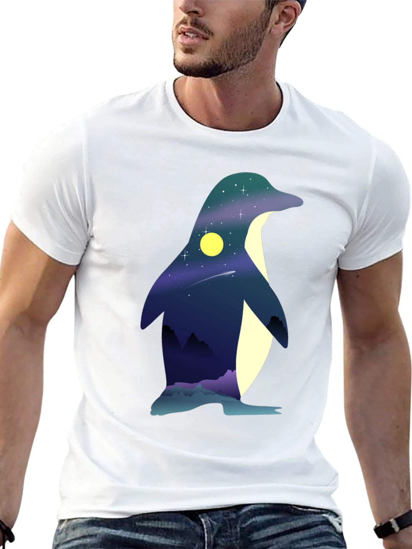 Night Sky Penguin Graphic Tee - Unique Mens T-Shirt