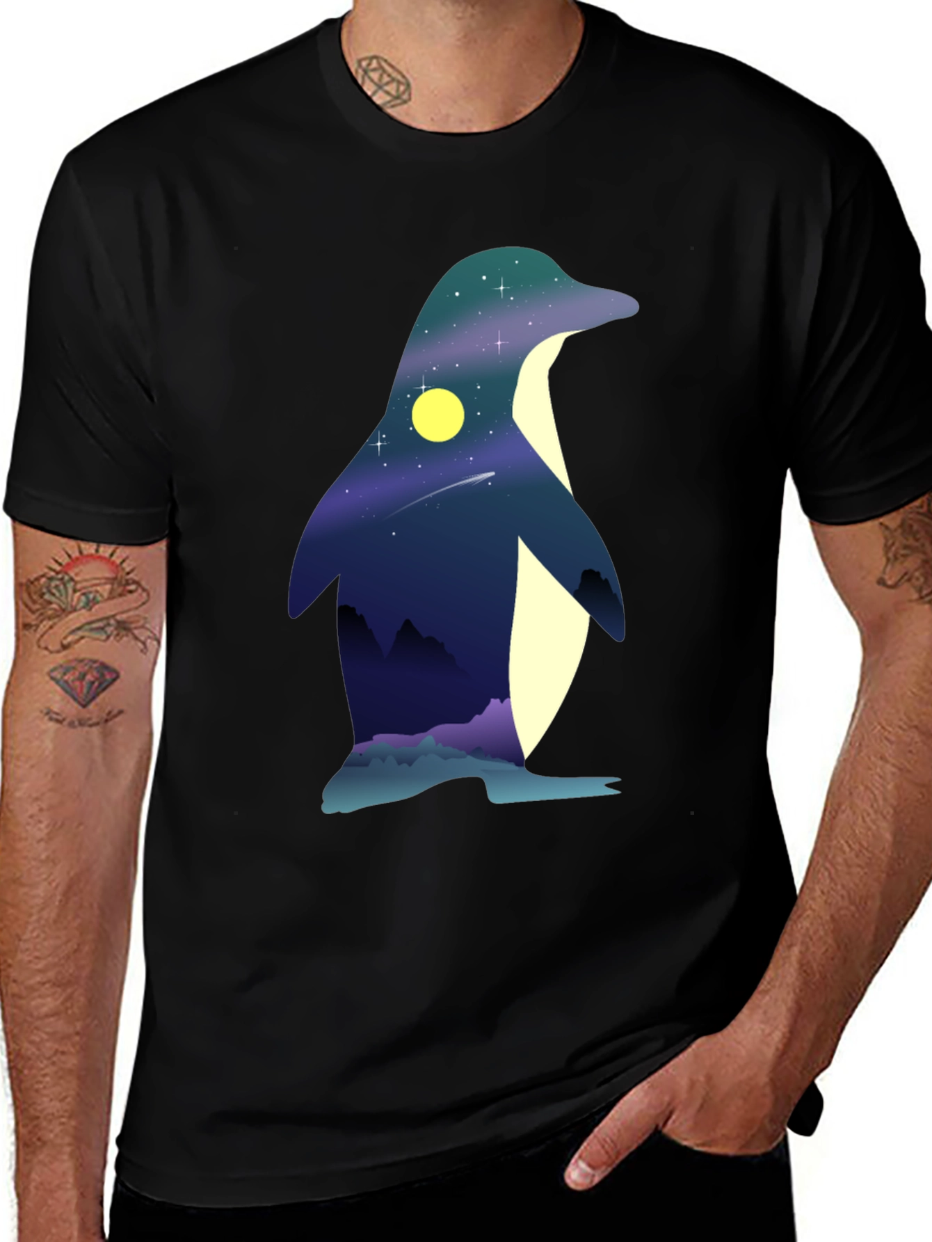Night Sky Penguin Graphic Tee - Unique Mens T-Shirt