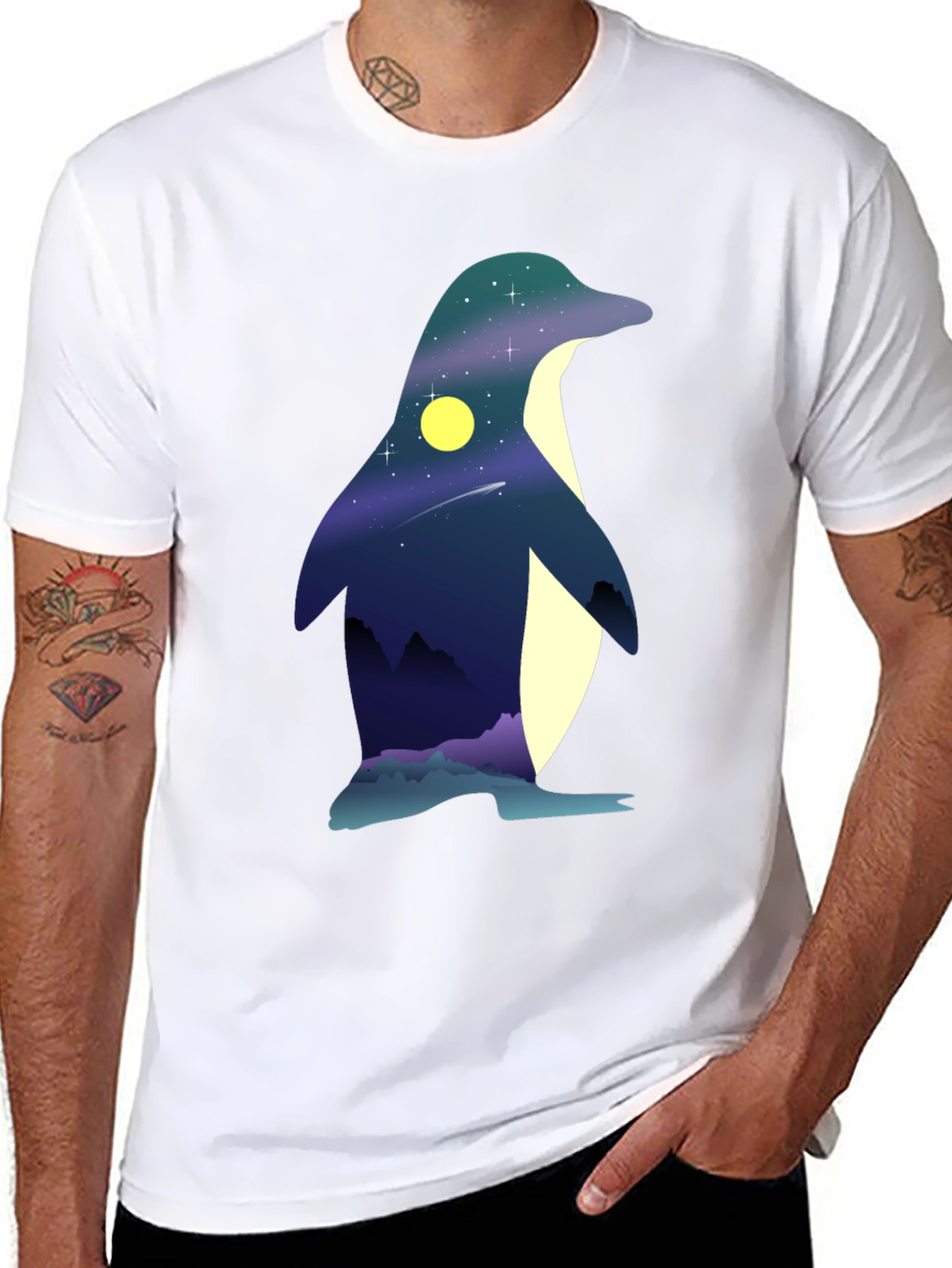 Night Sky Penguin Graphic Tee - Unique Mens T-Shirt