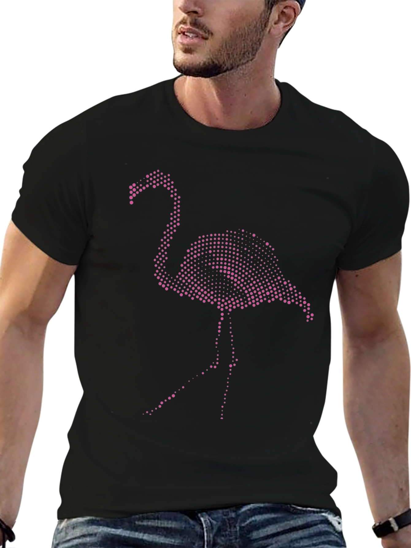 Mens Black T-Shirt with Pink Flamingo Graphic