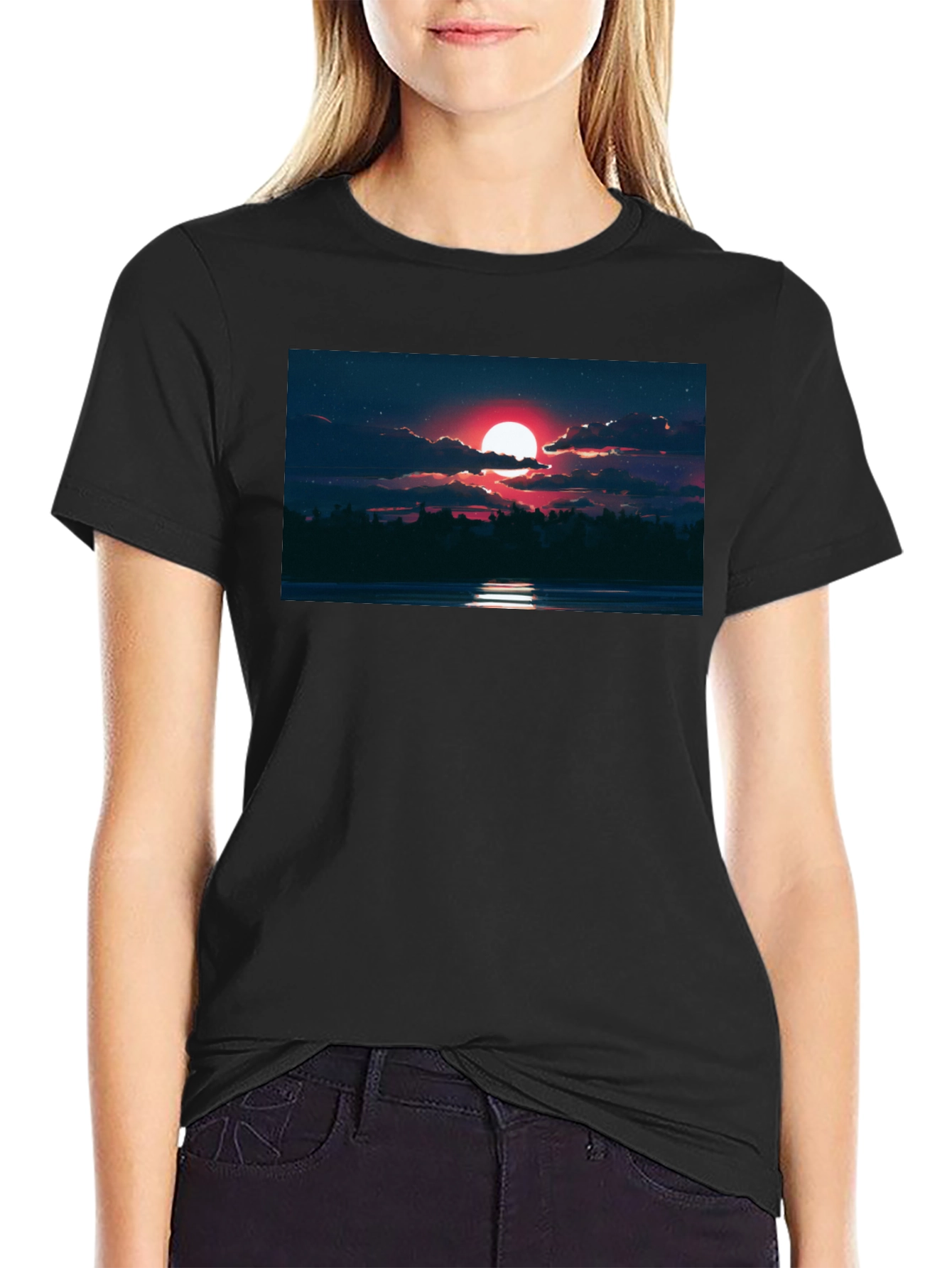 Red Moon Graphic Tee - Night Sky Scene