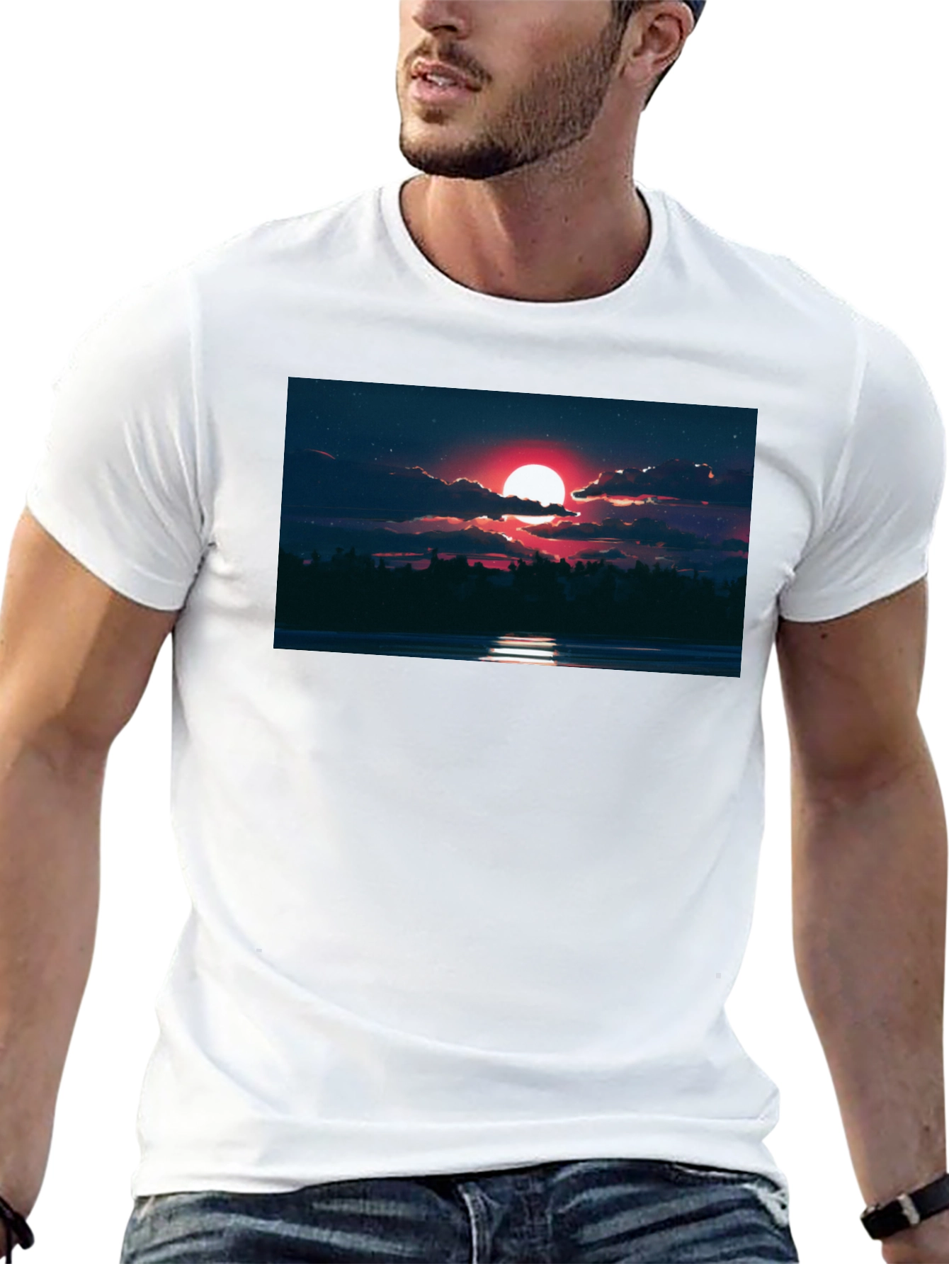 Red Moon Graphic Tee - Night Sky Scene