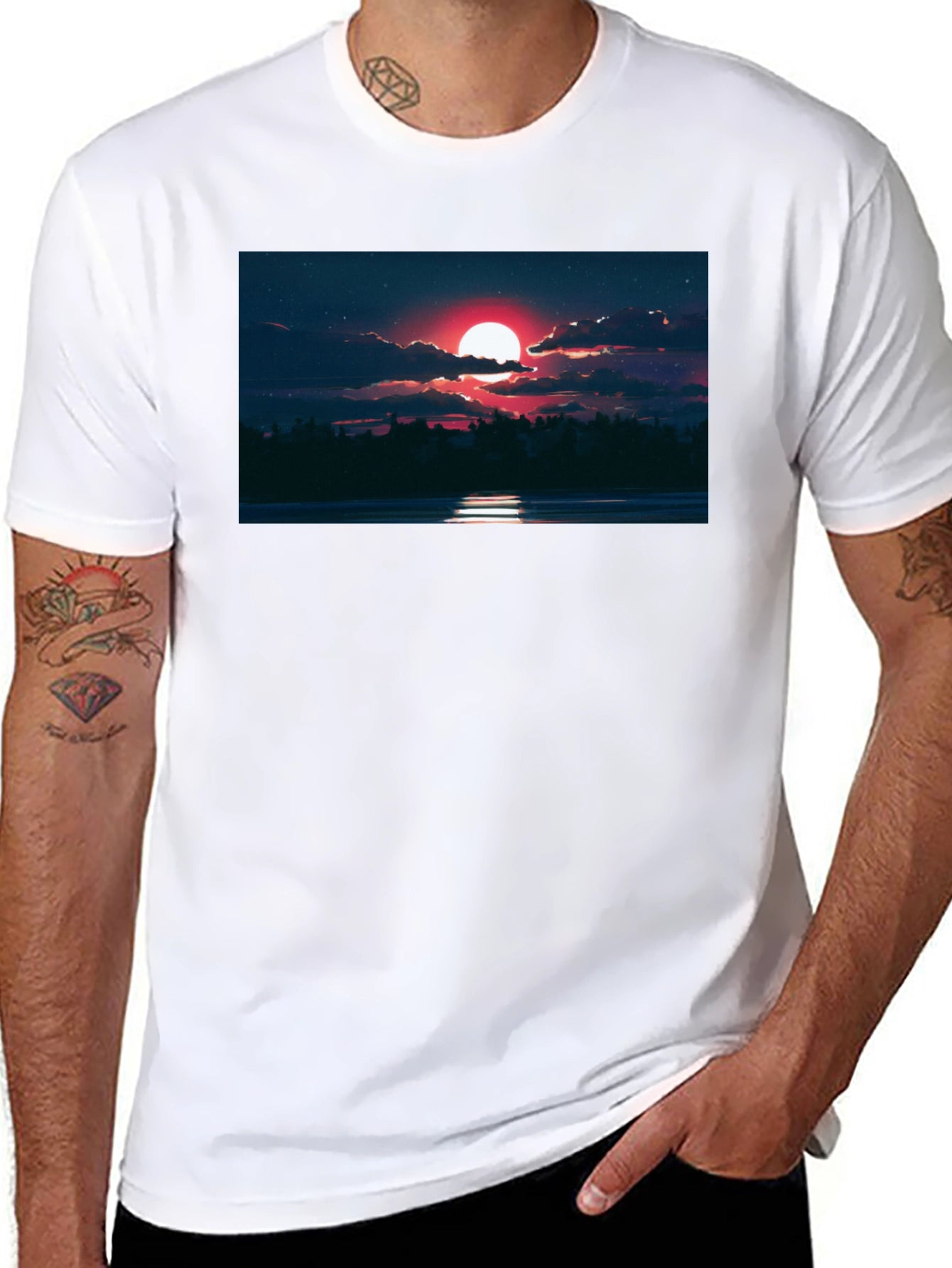 Red Moon Graphic Tee - Night Sky Scene
