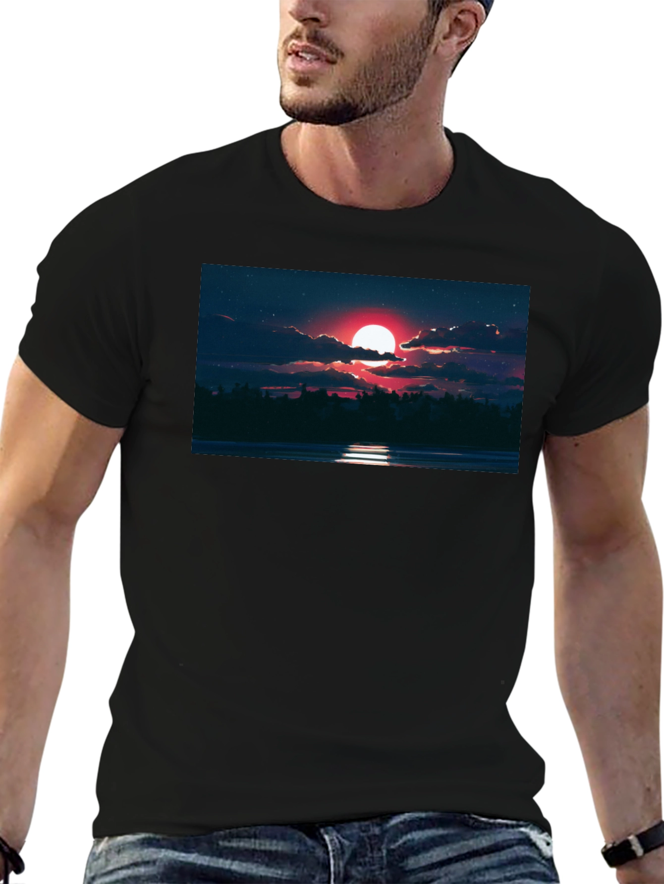 Red Moon Graphic Tee - Night Sky Scene
