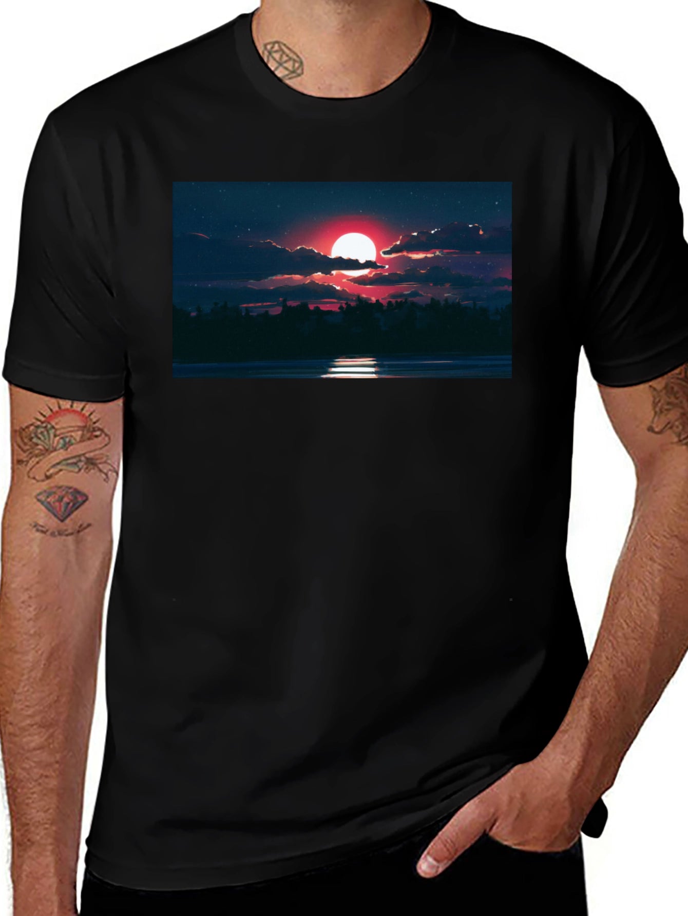 Red Moon Graphic Tee - Night Sky Scene