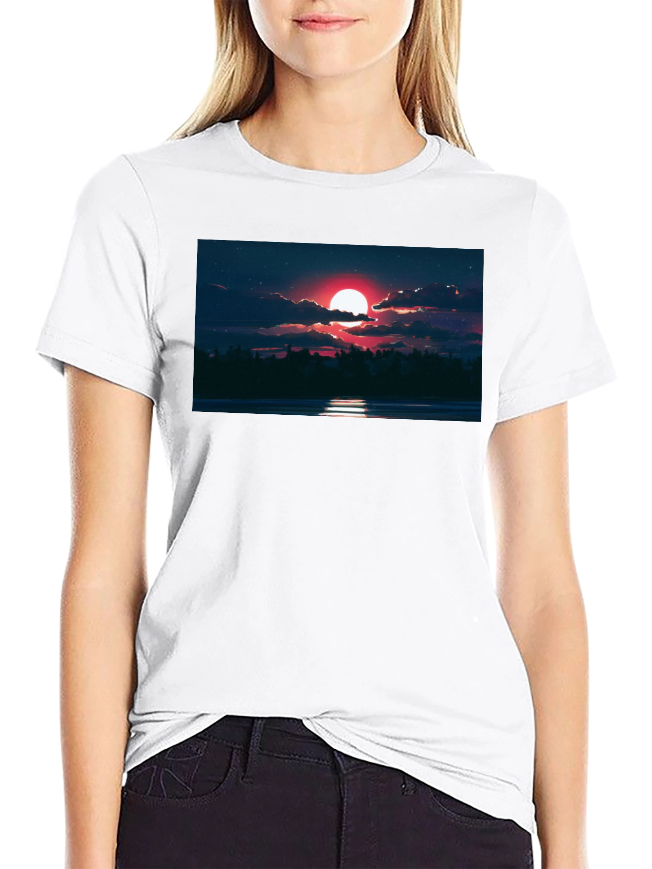 Red Moon Graphic Tee - Night Sky Scene