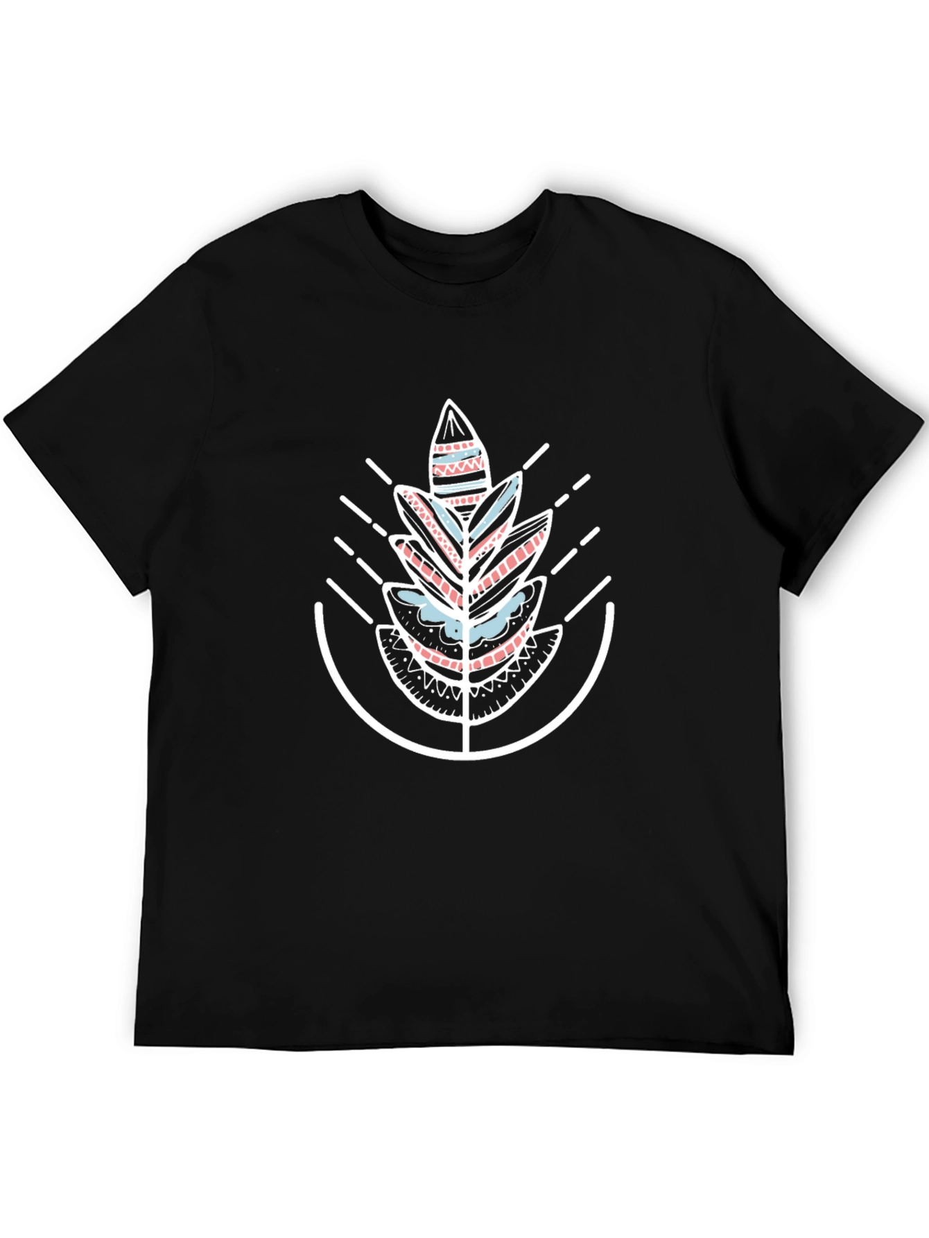 Geometric Tribal Leaf Graphic Black T-Shirt