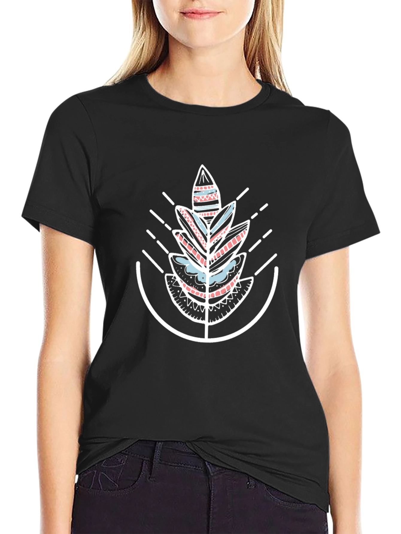 Geometric Tribal Leaf Graphic Black T-Shirt