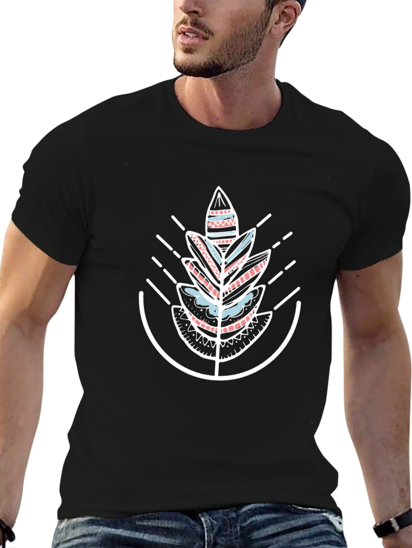 Geometric Tribal Leaf Graphic Black T-Shirt