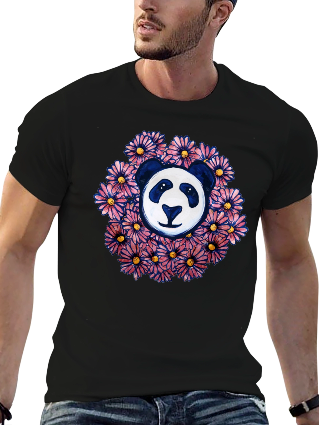 Panda Surrounded by Flowers Graphic T-Shirt