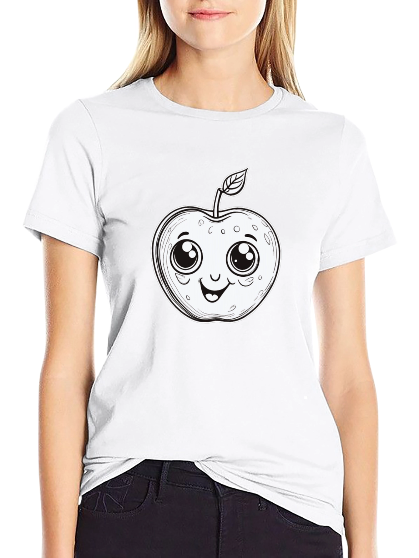 Cute Apple Cartoon Graphic Tee - Black T-Shirt