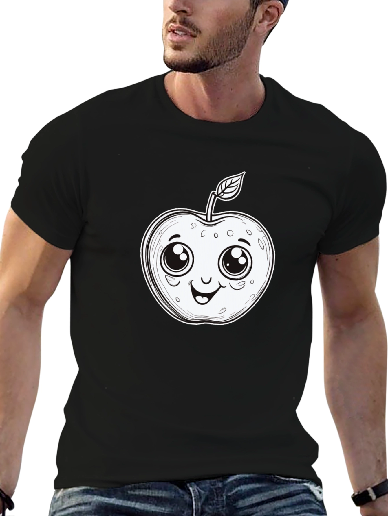 Cute Apple Cartoon Graphic Tee - Black T-Shirt