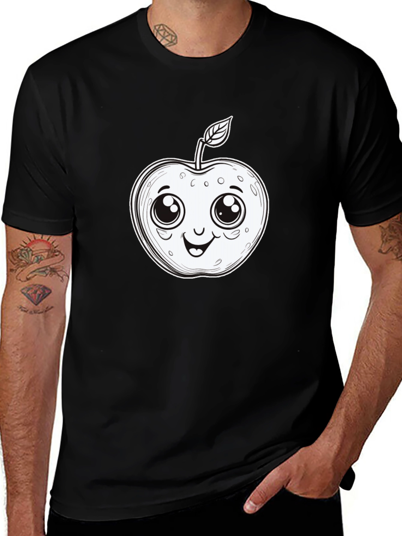 Cute Apple Cartoon Graphic Tee - Black T-Shirt