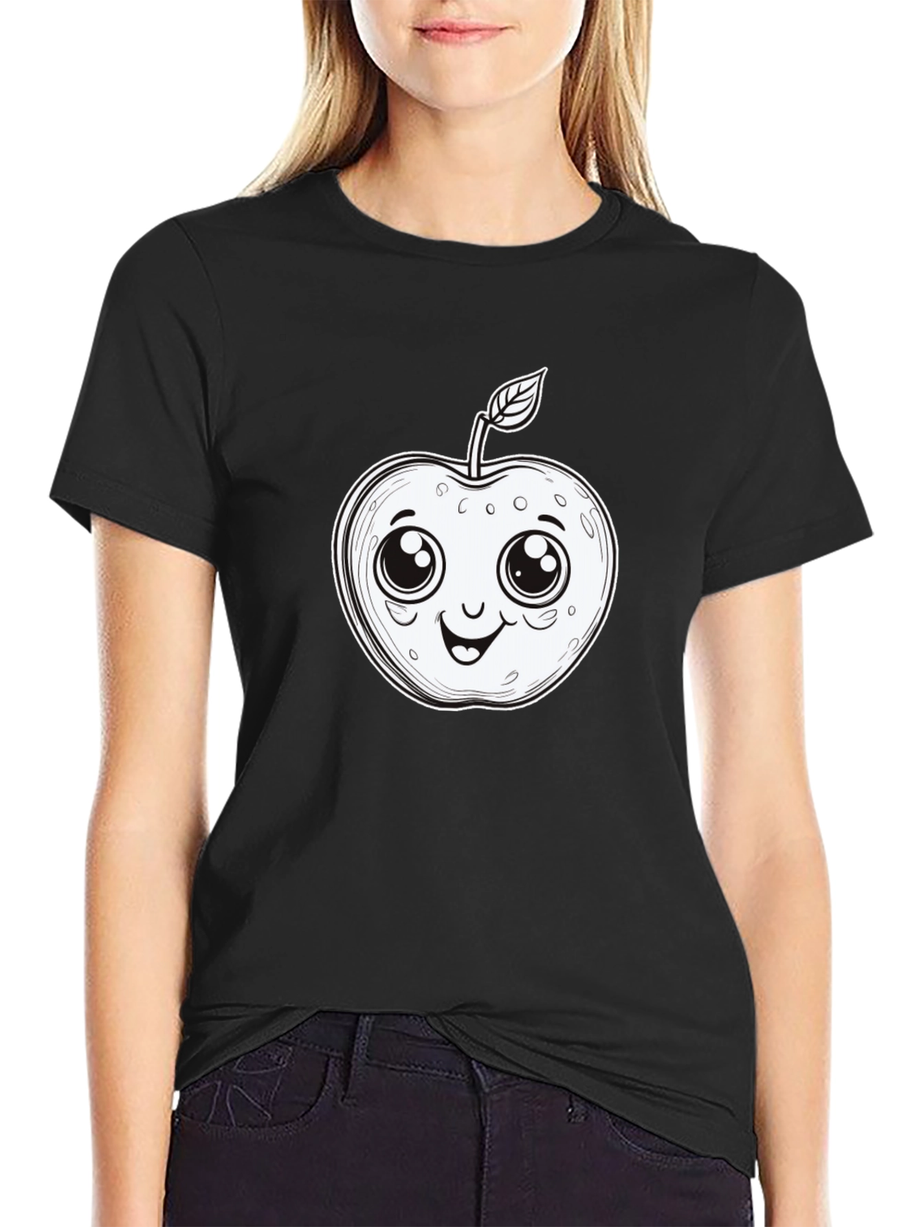 Cute Apple Cartoon Graphic Tee - Black T-Shirt