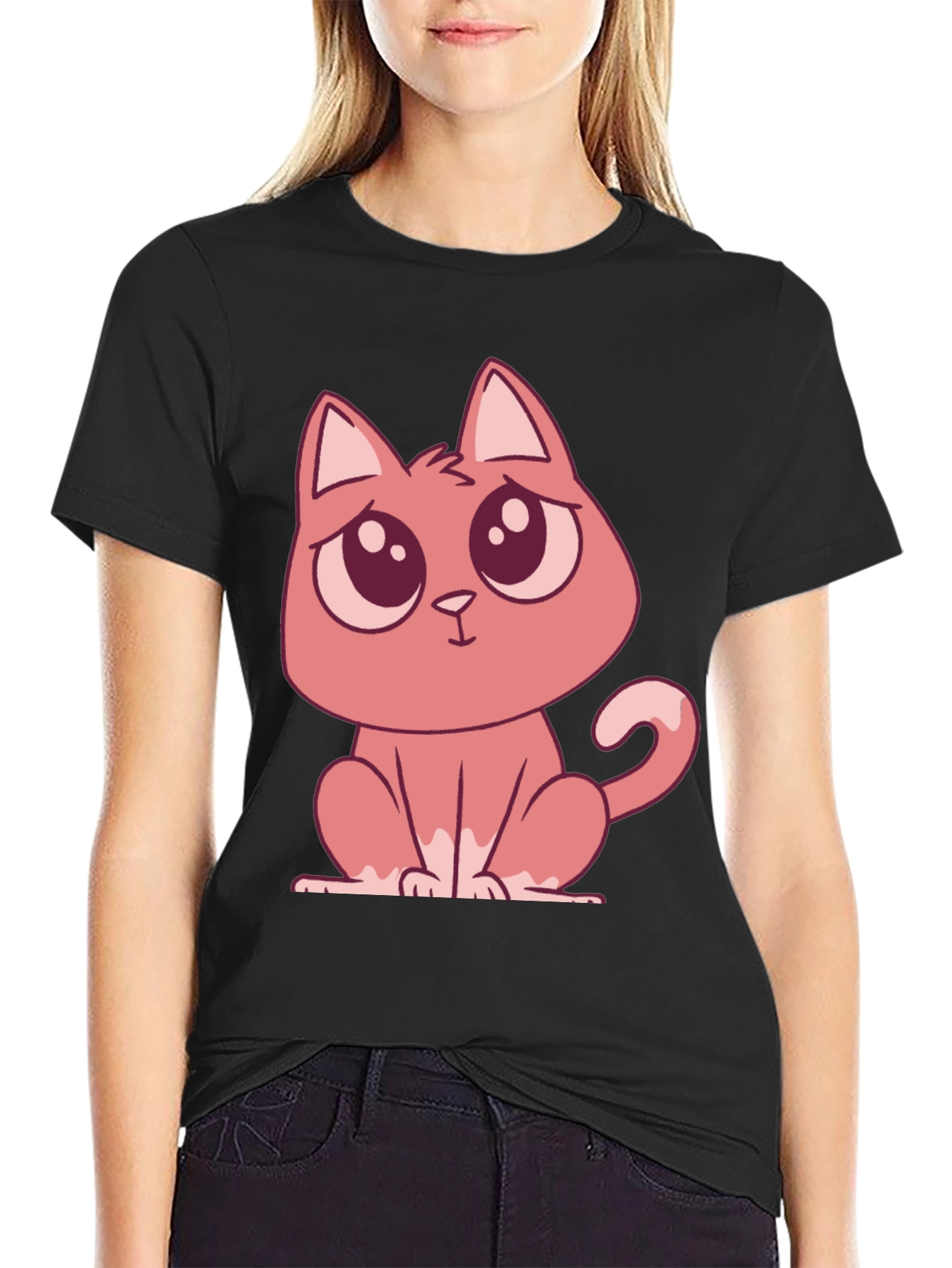 Cute Cartoon Cat Graphic Tee - Black T-Shirt