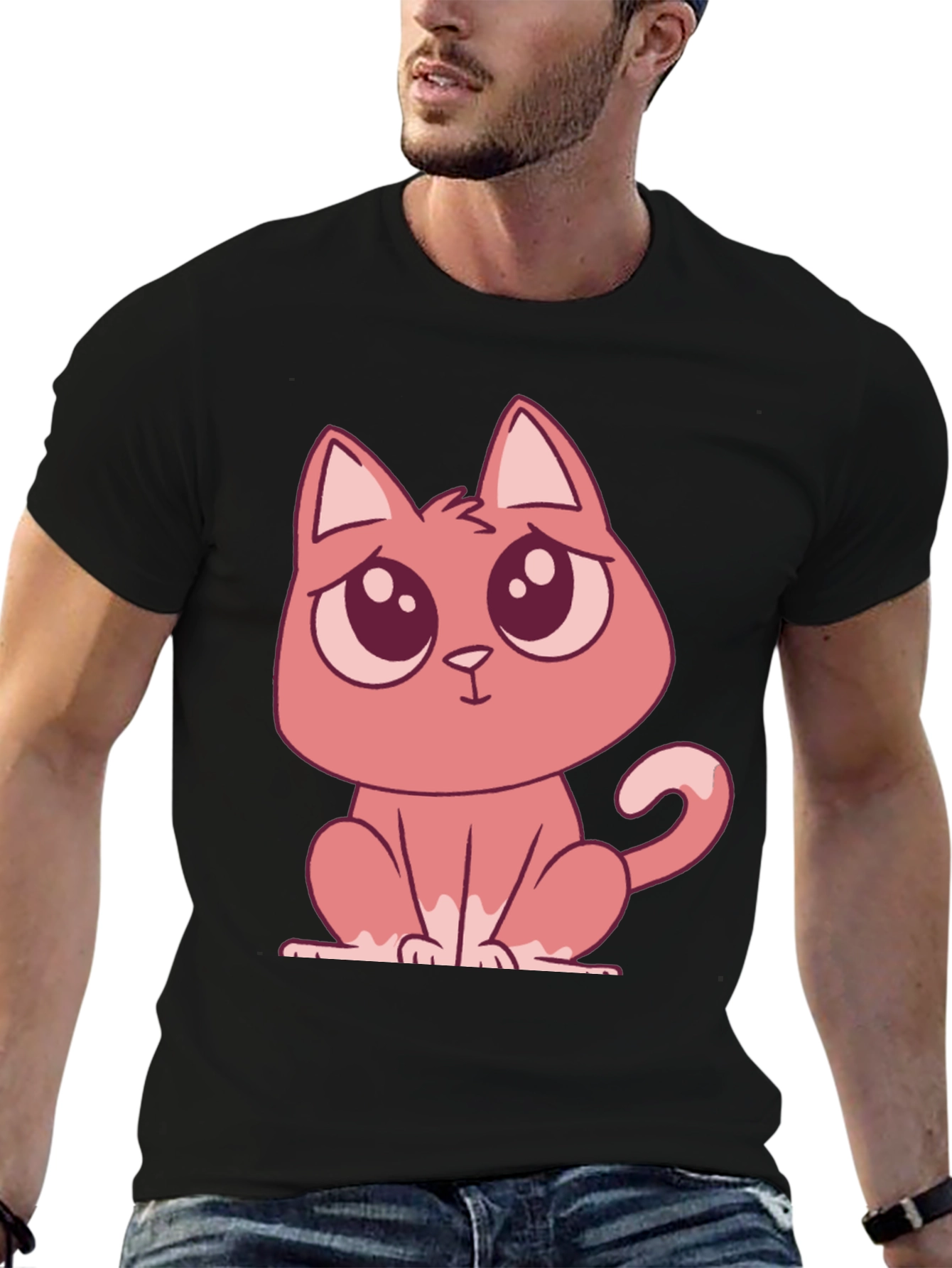 Cute Cartoon Cat Graphic Tee - Black T-Shirt