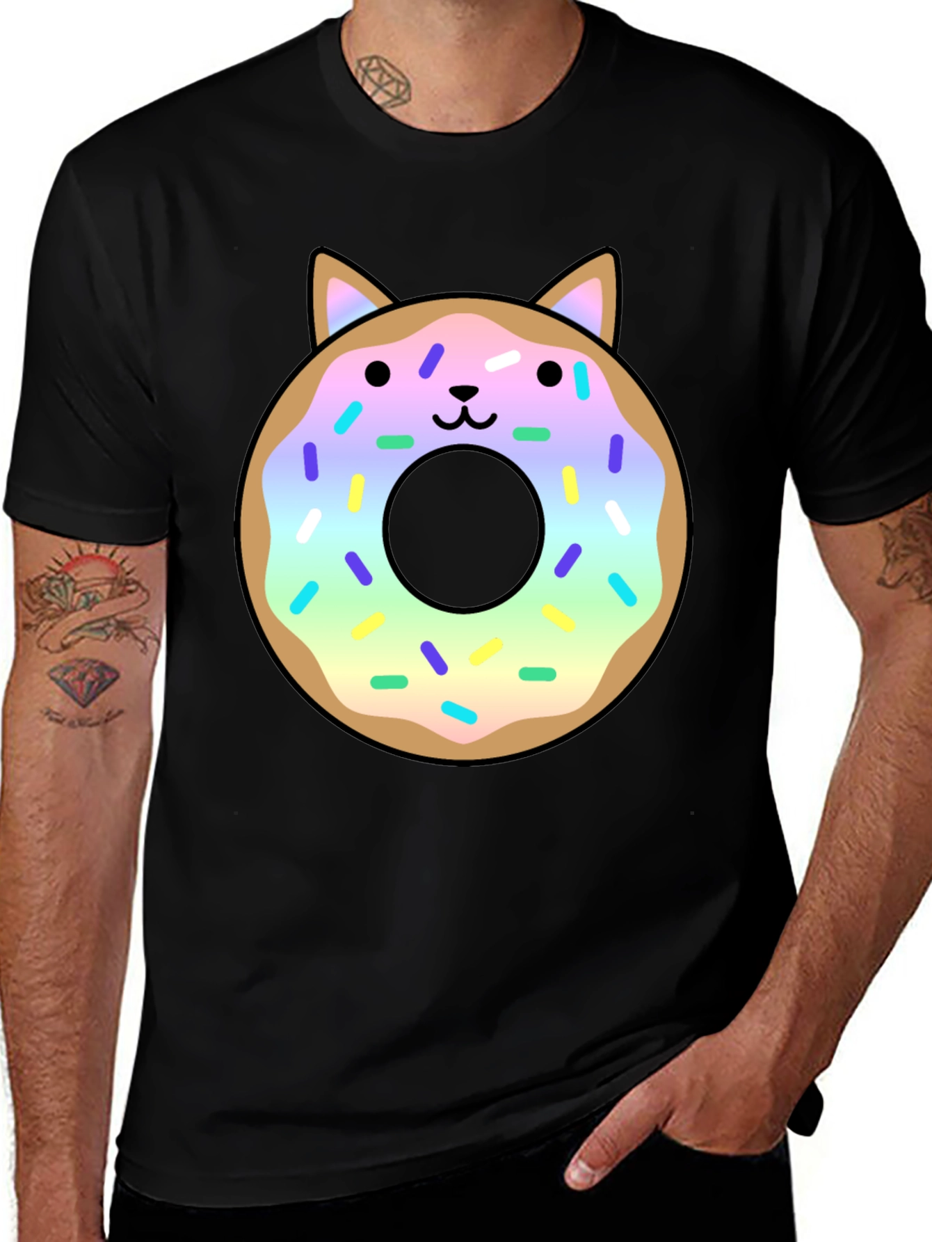 Cute Cat Donut Graphic Tee - Black Unisex T-Shirt