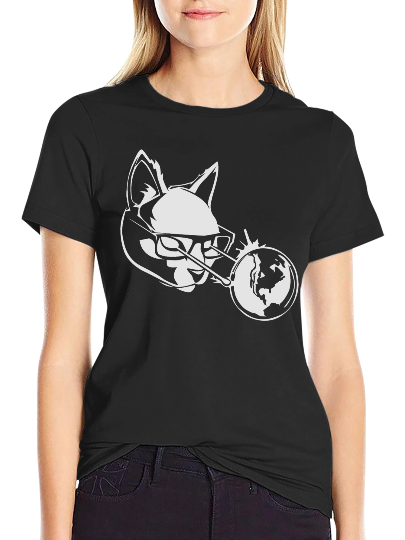 Cool Cat Globe Graphic Black T-Shirt