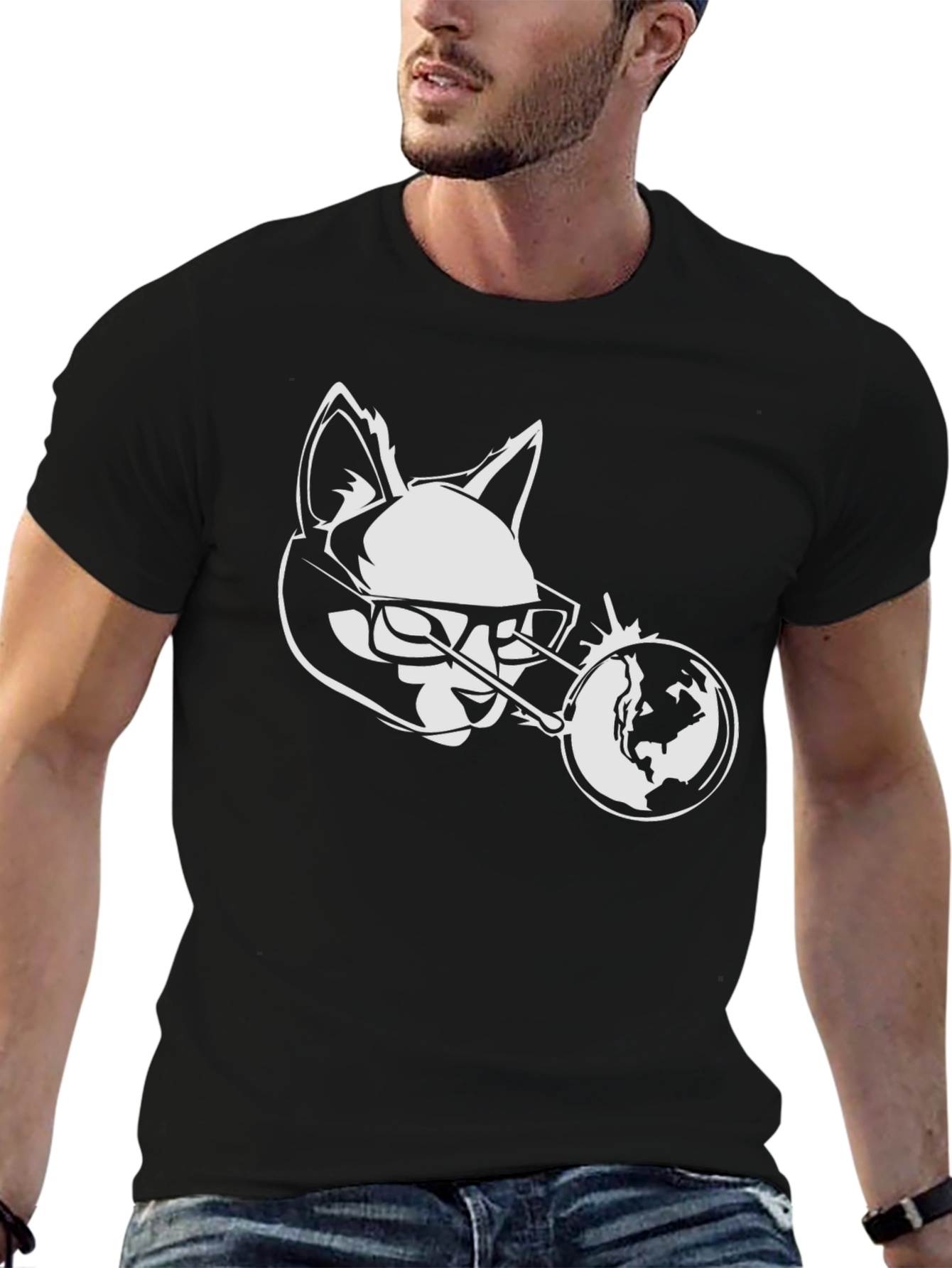 Cool Cat Globe Graphic Black T-Shirt