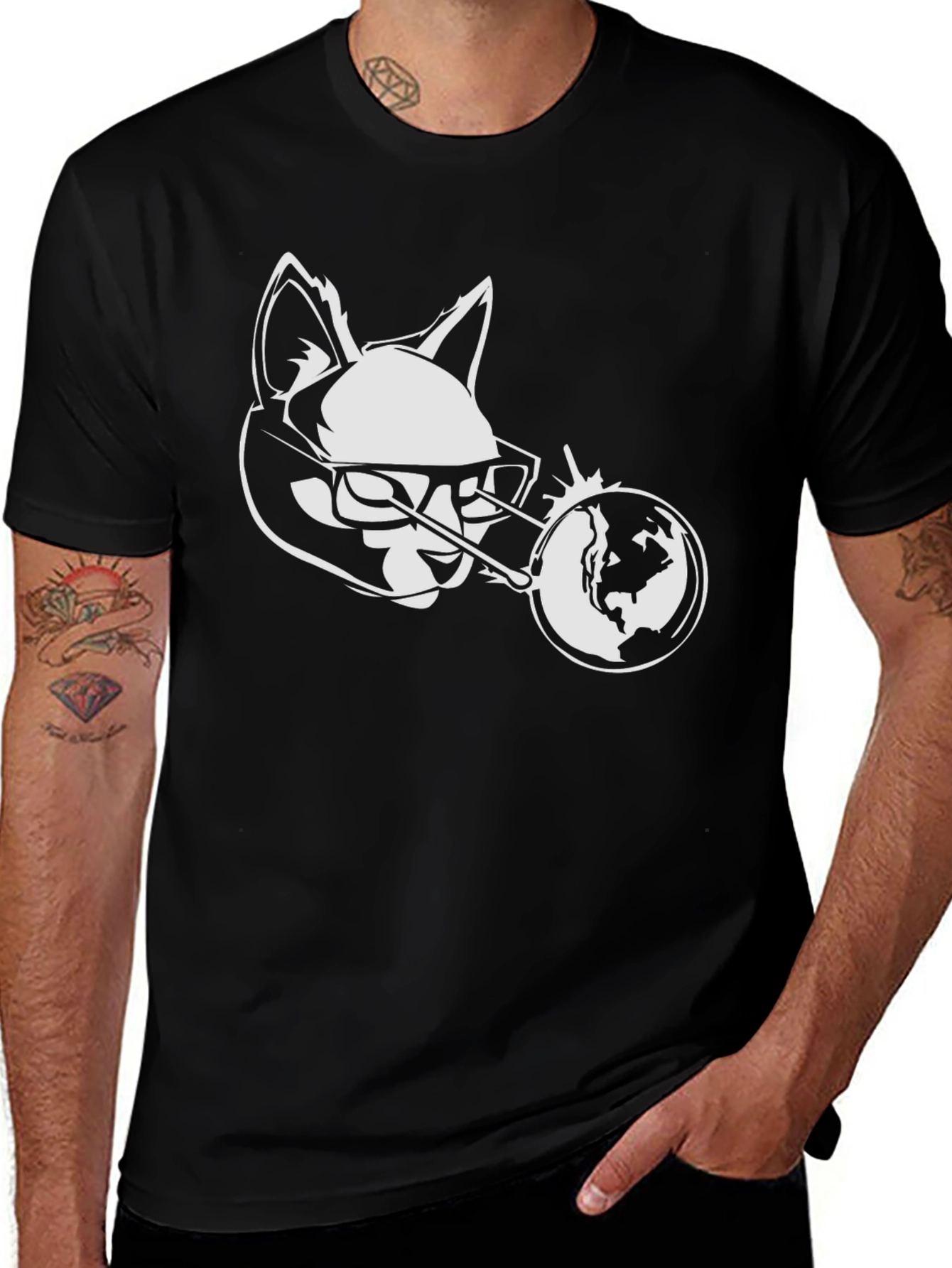 Cool Cat Globe Graphic Black T-Shirt