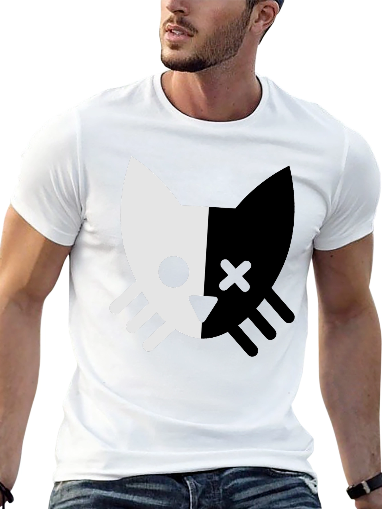Two-Tone Cat Graphic Tee - Stylish Unisex Design