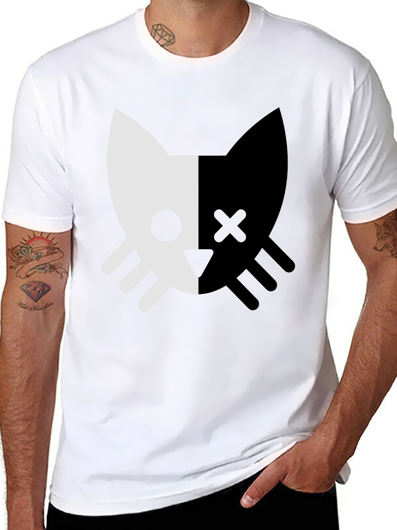 Two-Tone Cat Graphic Tee - Stylish Unisex Design