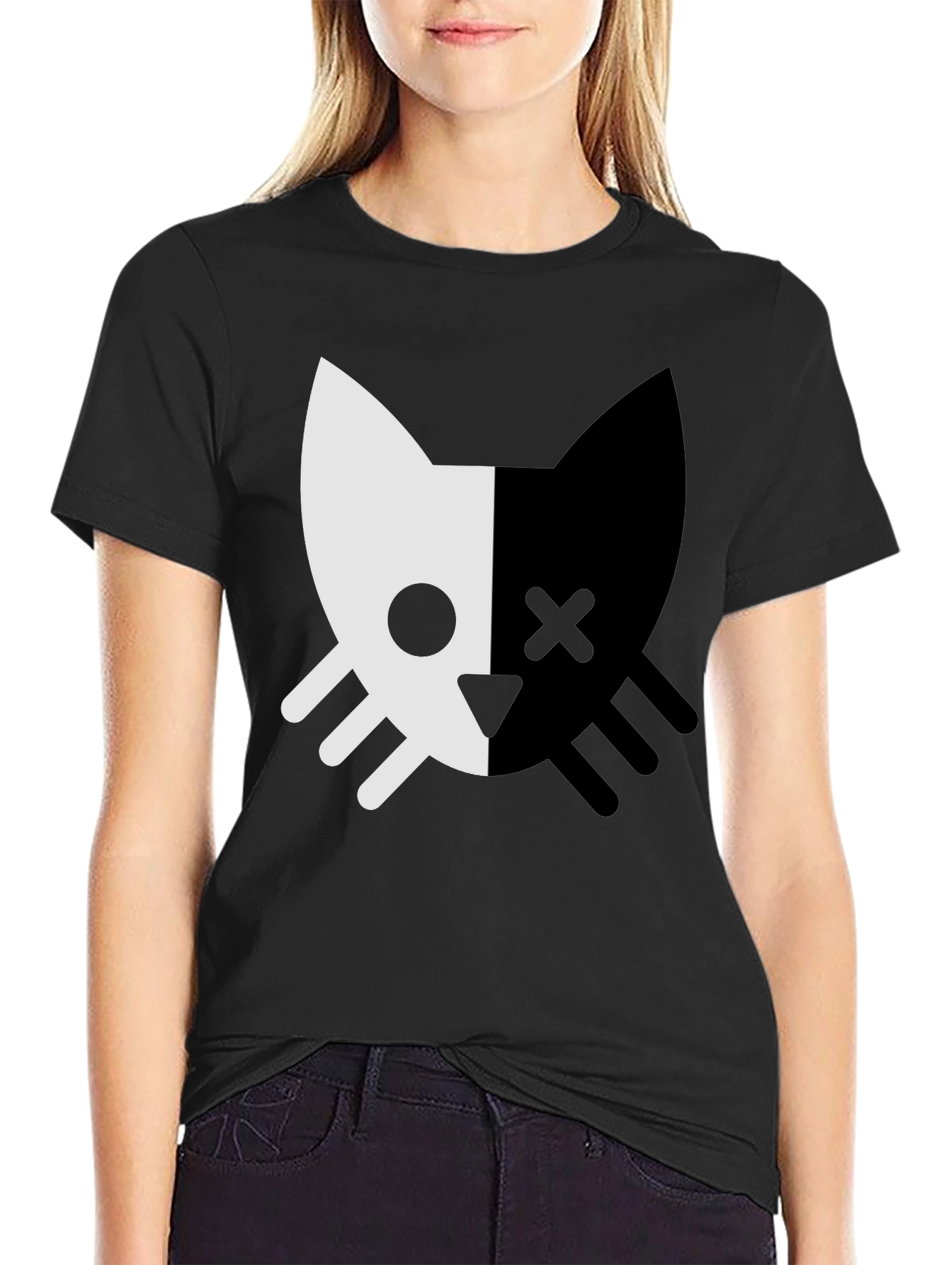 Two-Tone Cat Graphic Tee - Stylish Unisex Design